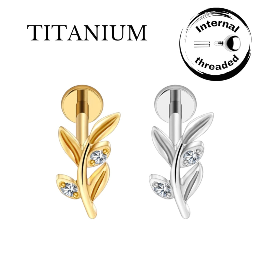 Implant Grade ASTM F136 Titanium Leaf 2 Stones Internaly Threaded Labret