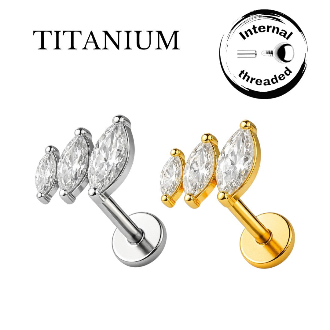 Implant Grade ASTM F136 Titanium 3 CZ Stone Marquise Internaly Threaded Labret
