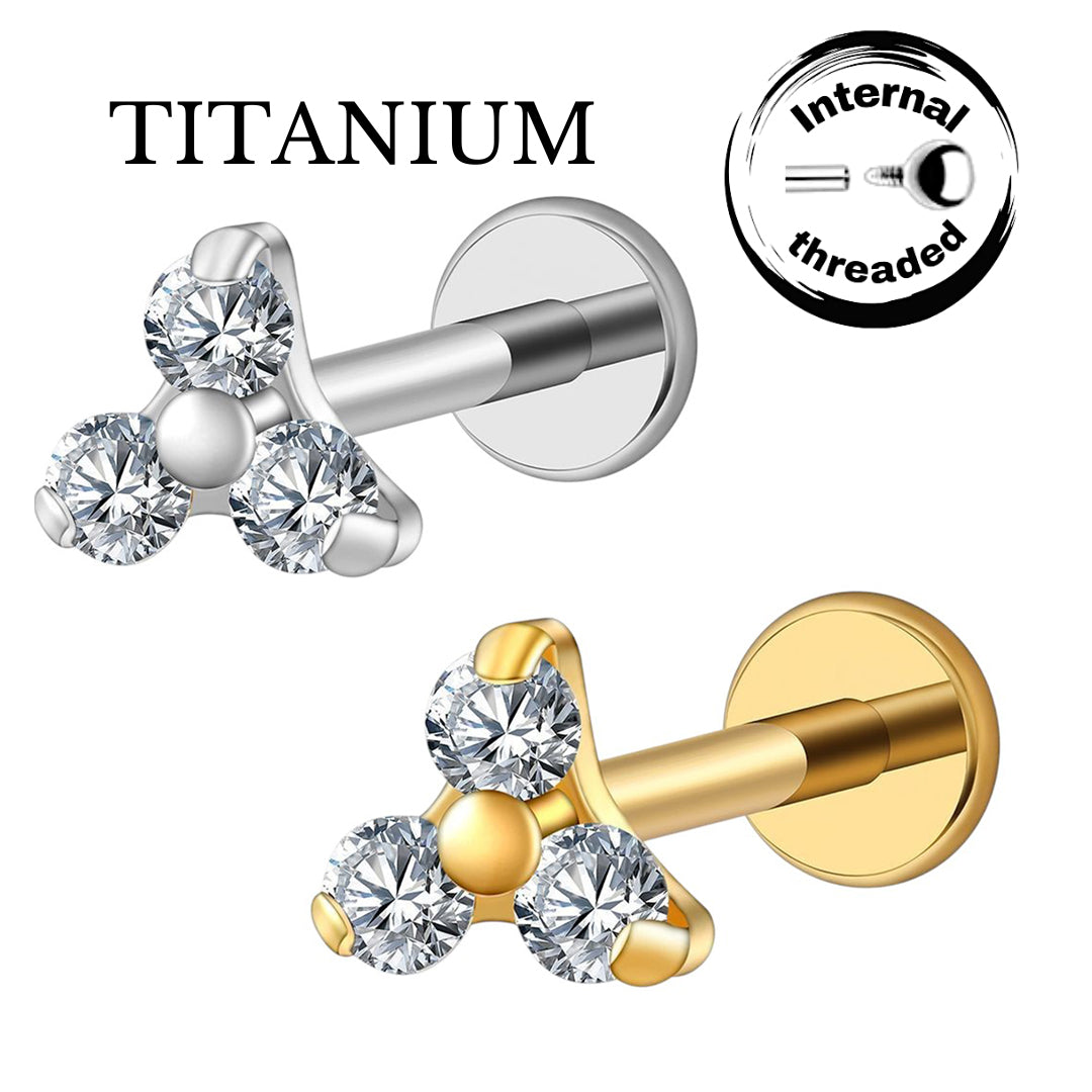 Implant Grade ASTM F136 Titanium 3 Stones Triangle Top Internaly Threaded Labret