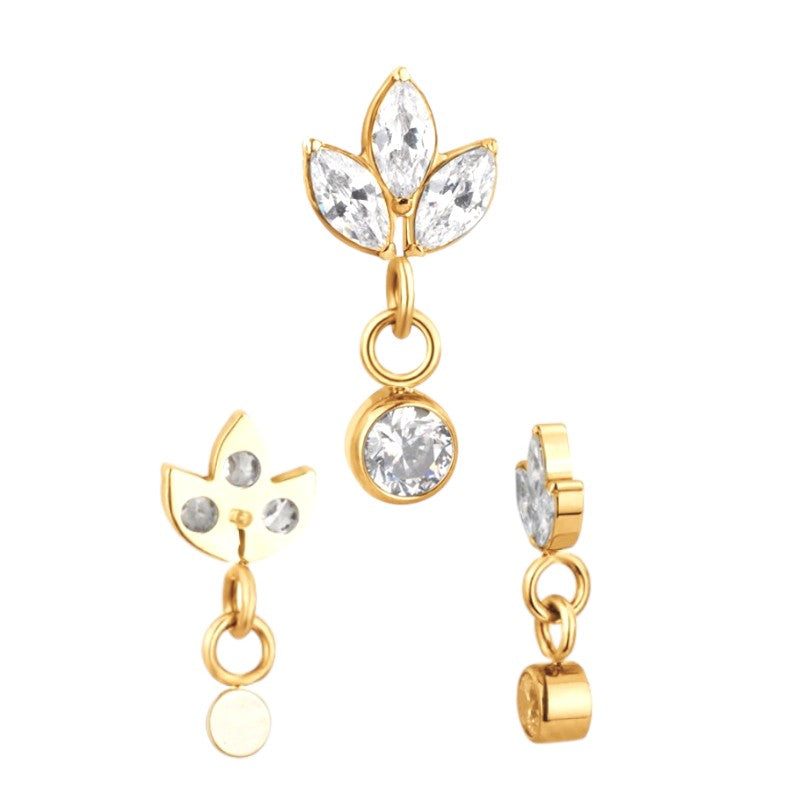 Implant Grade ASTM F136 Titanium 3 Marquise CZ Dangle Chain Round CZ Internaly Threaded Labret