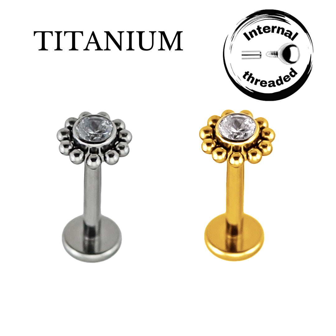 Implant Grade ASTM F136 Titanium CZ With Cluster Ball Surrounding Internaly Threaded Labret