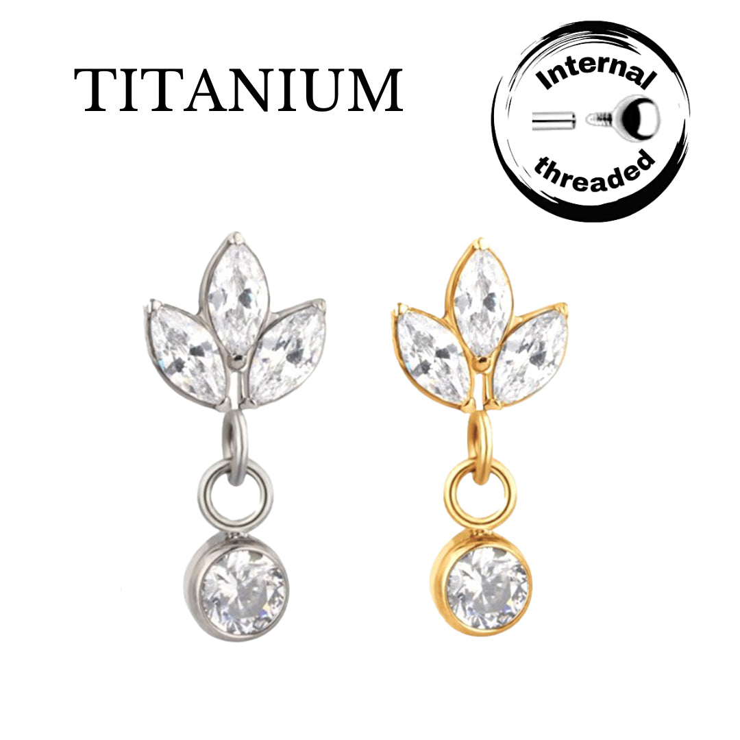Implant Grade ASTM F136 Titanium 3 Marquise CZ Dangle Chain Round CZ Internaly Threaded Labret