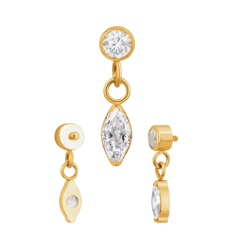 Implant Grade ASTM F136 Titanium Bezet CZ Dangle Chain Marquise CZ Internaly Threaded Labret