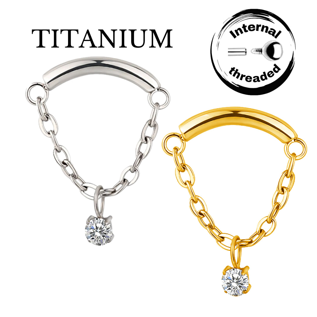 Implant Grade ASTM F136 Titanium Chain CZ Center Hangs With Curved Bar Internaly Threaded Labret