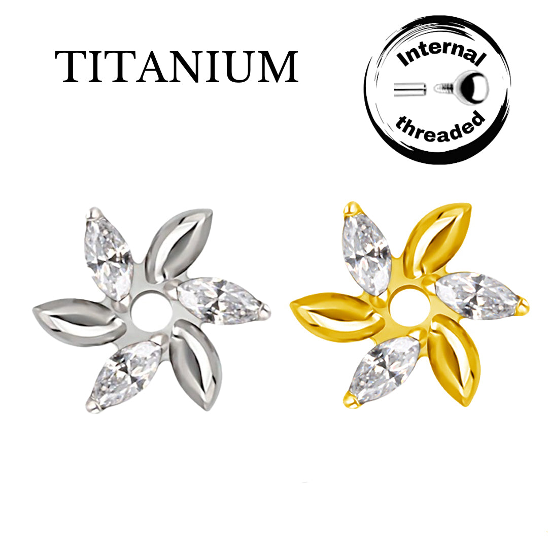 Implant Grade ASTM F136 Titanium Marquise CZ Paved Flower Internaly Threaded Labret