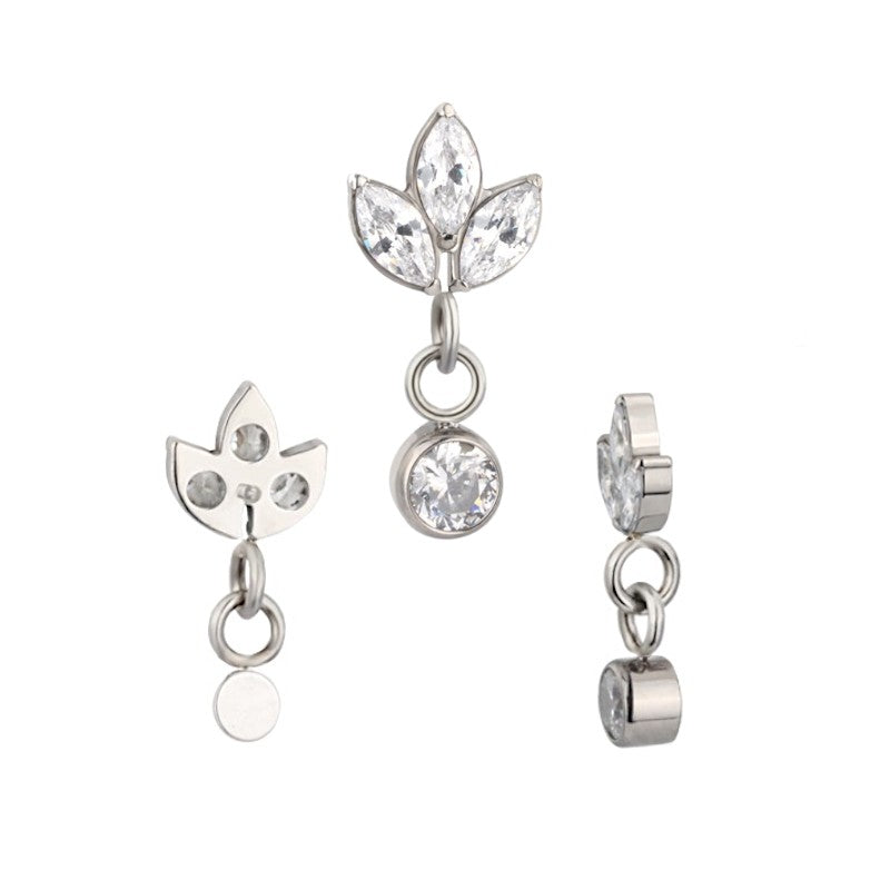 Implant Grade ASTM F136 Titanium 3 Marquise CZ Dangle Chain Round CZ Internaly Threaded Labret