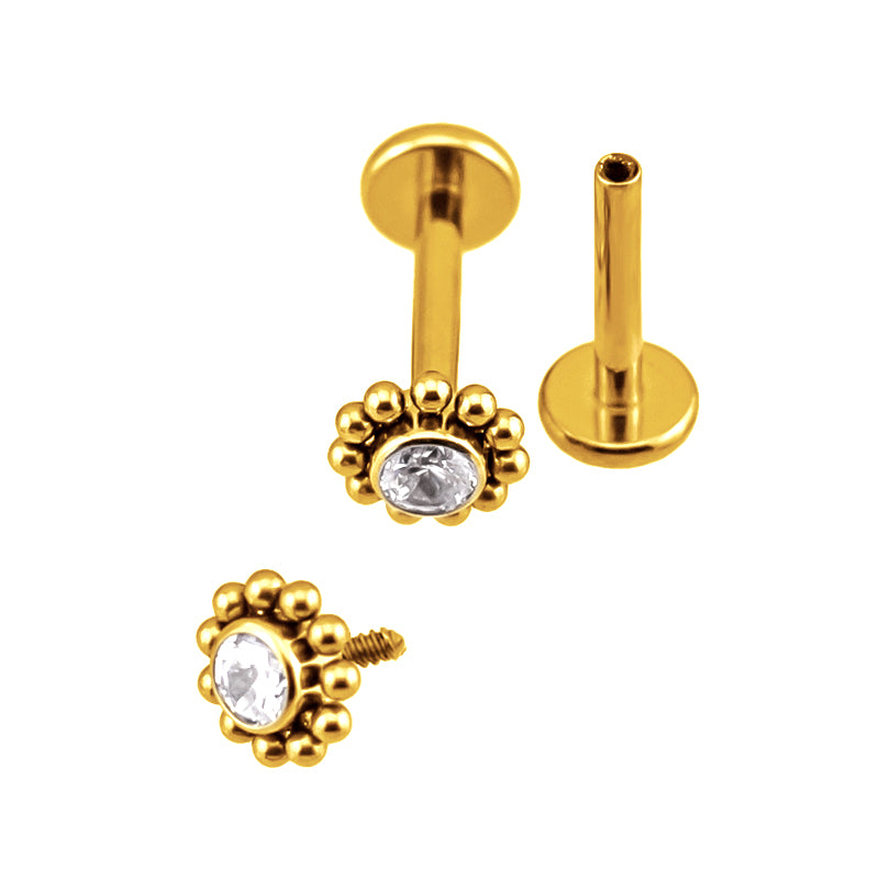 Implant Grade ASTM F136 Titanium CZ With Cluster Ball Surrounding Internaly Threaded Labret