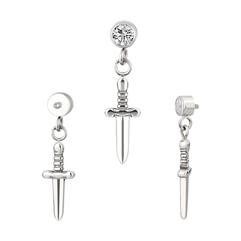 Implant Grade ASTM F136 Titanium Bezel Set CZ With Dangle Sword Internaly Threaded Labret