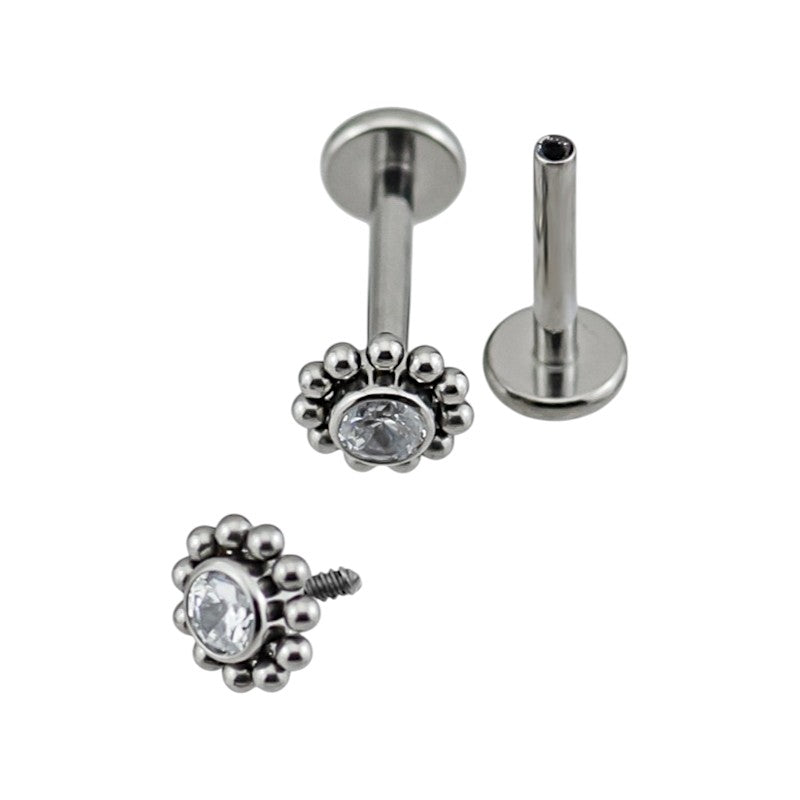Implant Grade ASTM F136 Titanium CZ With Cluster Ball Surrounding Internaly Threaded Labret