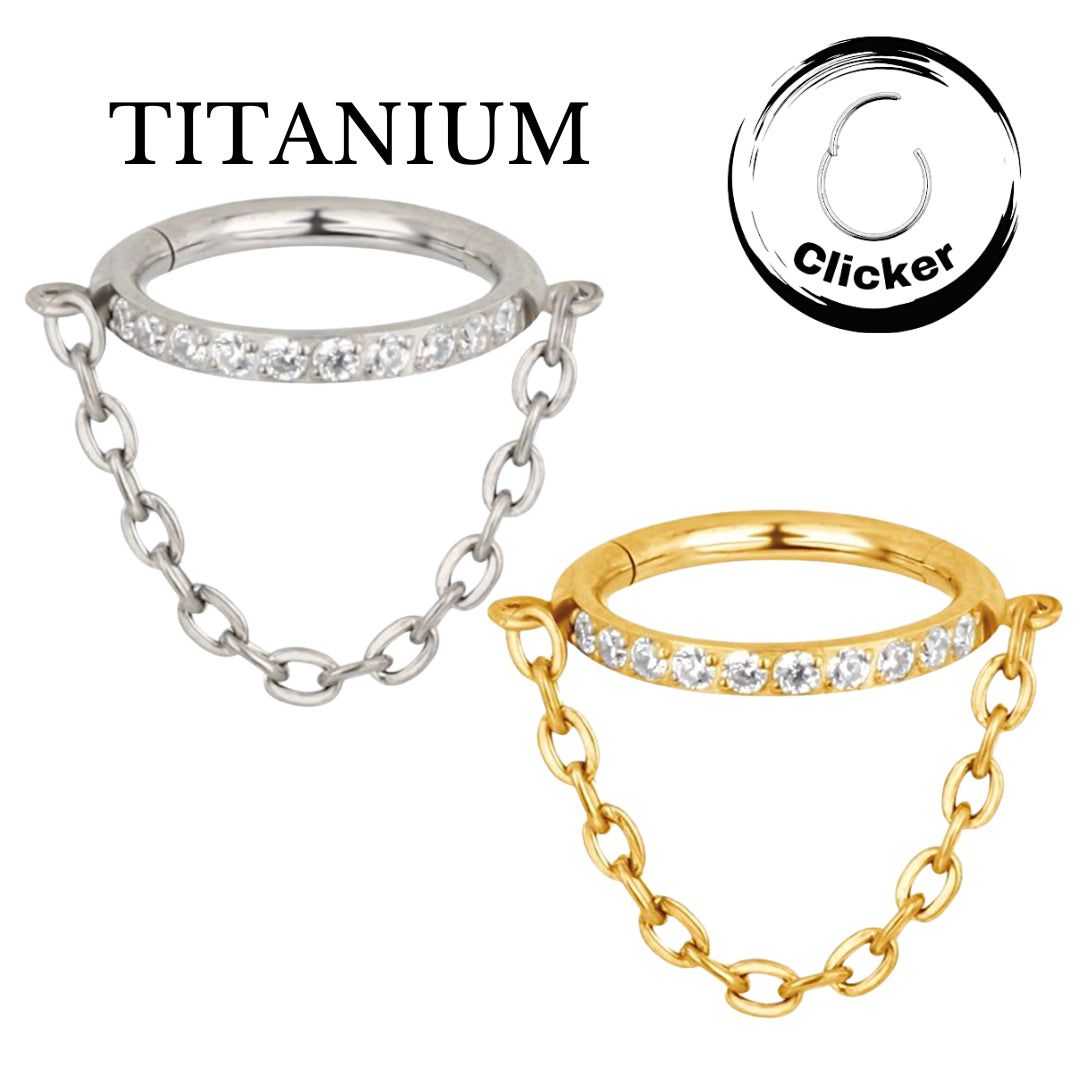 Implant Grade ASTM F136 Titanium CZ Paved Side With Chain Dangle Segment Clicker