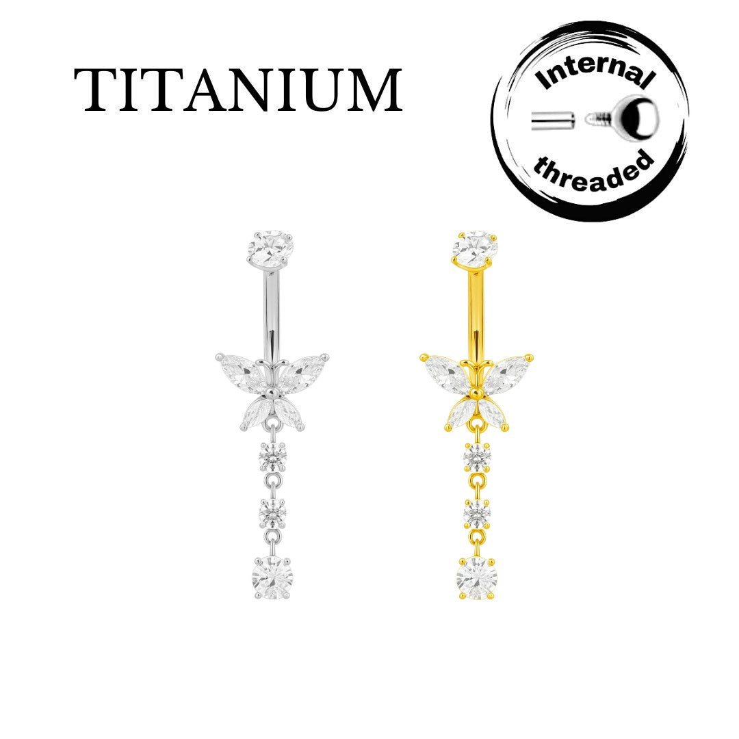Implant Grade ASTM F136 Titanium Butterfly 3 Stone Hanger Belly Button Internaly Treaded