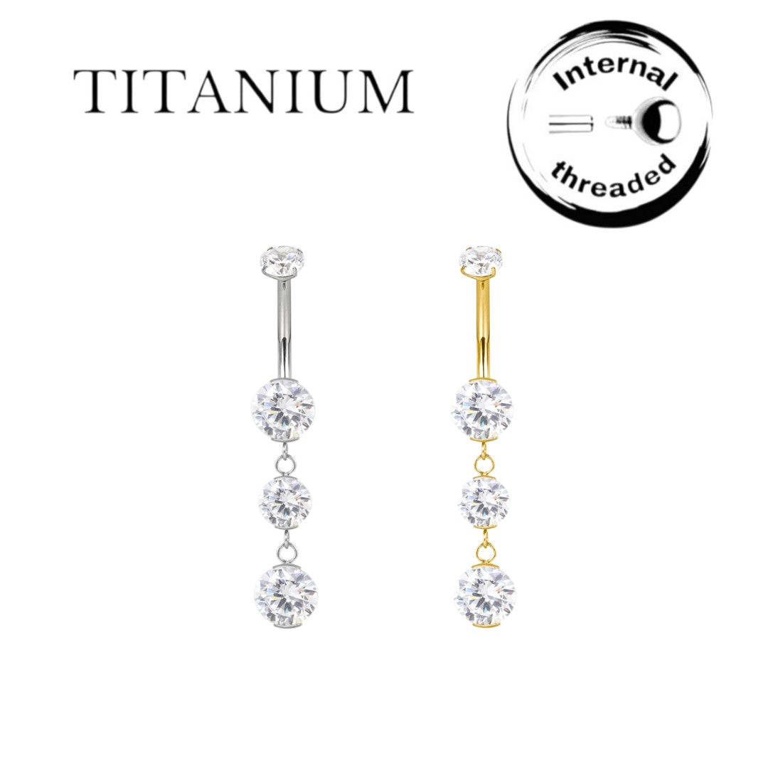 Implant Grade ASTM F136 Titanium 3 Stone Dangle Belly Button