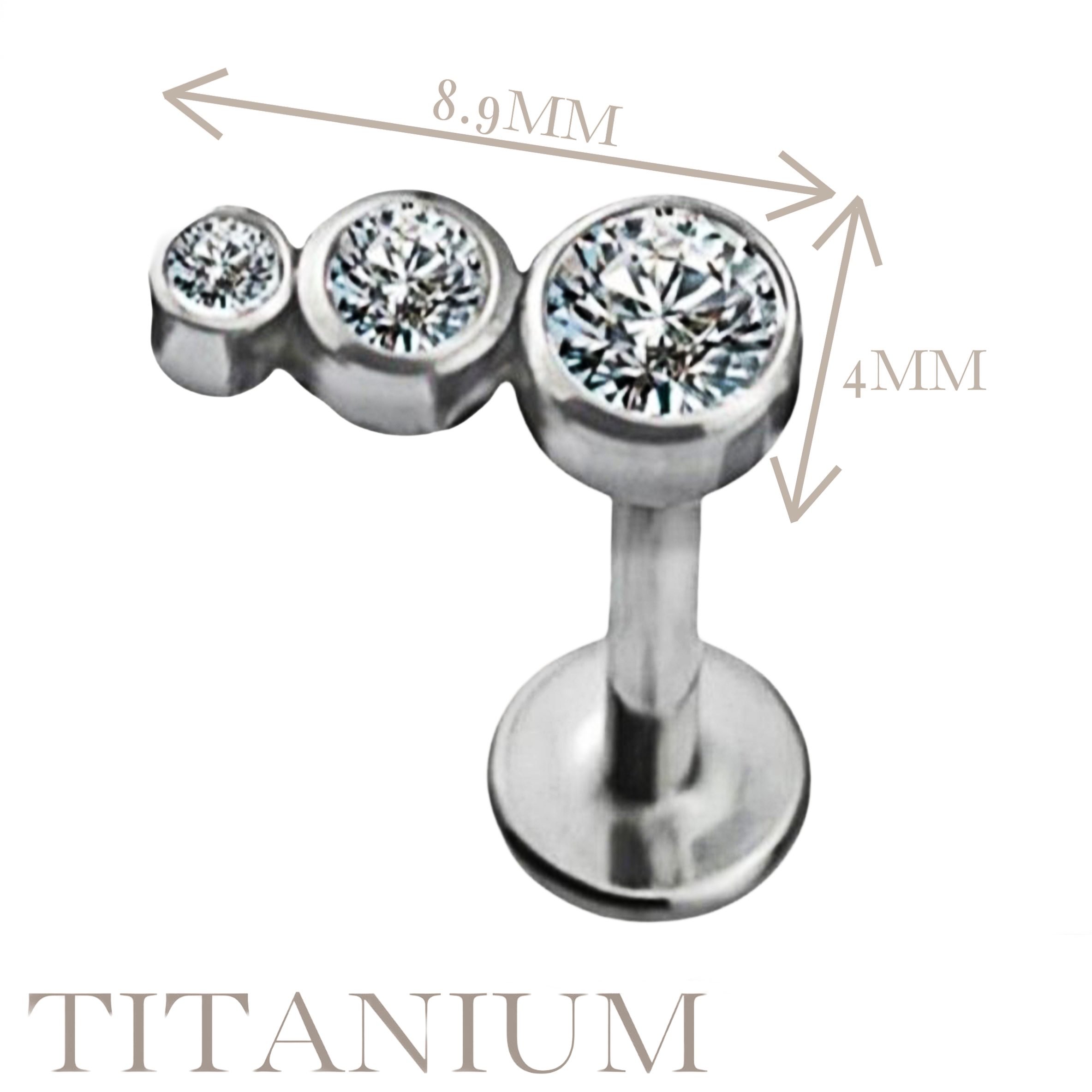 Implant Grade ASTM F136 Titanium 3 CZ Stone Clearuster Internaly Threaded Labret