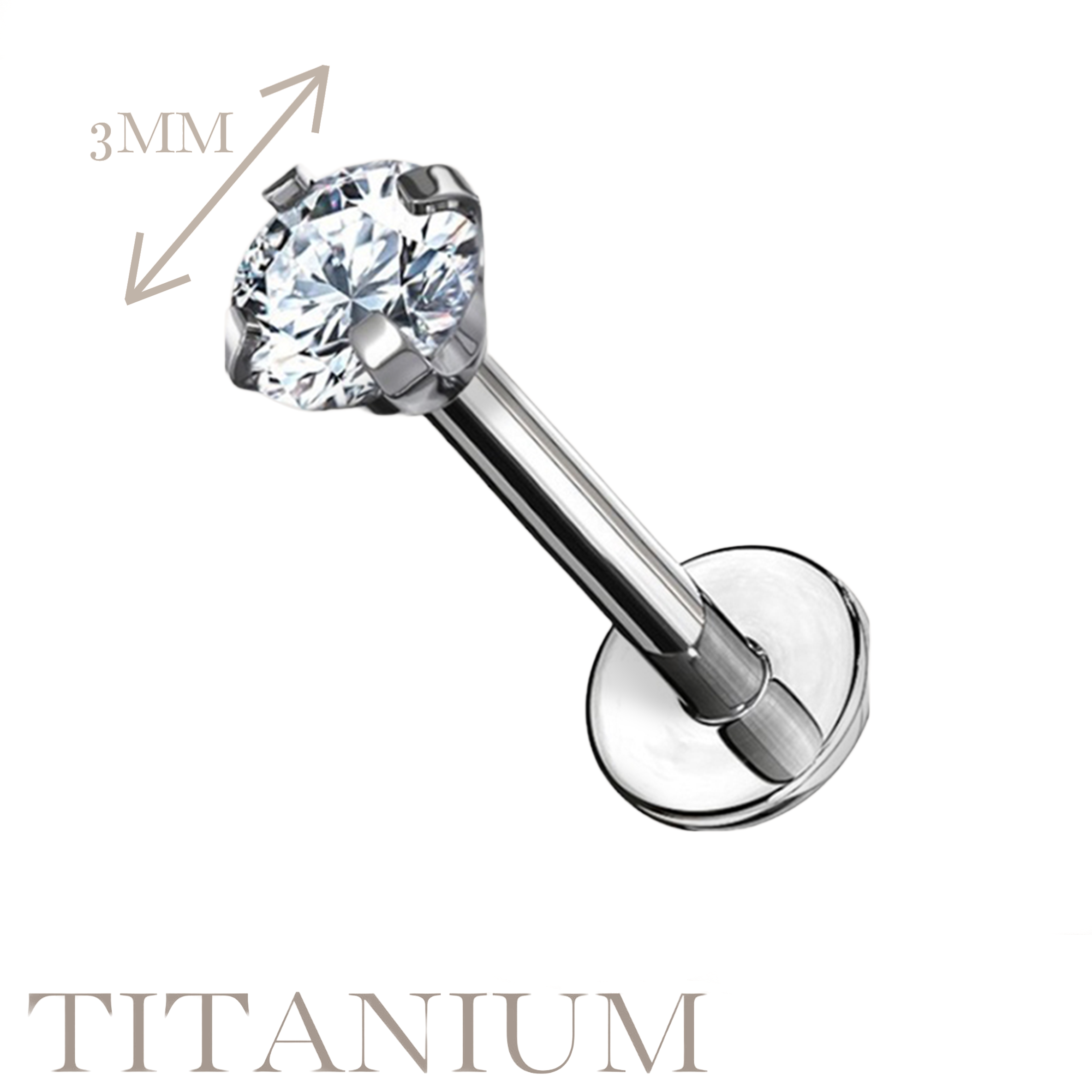 Implant Grade ASTM F136 Titanium CZ Pronged Set Internaly Threaded Labret