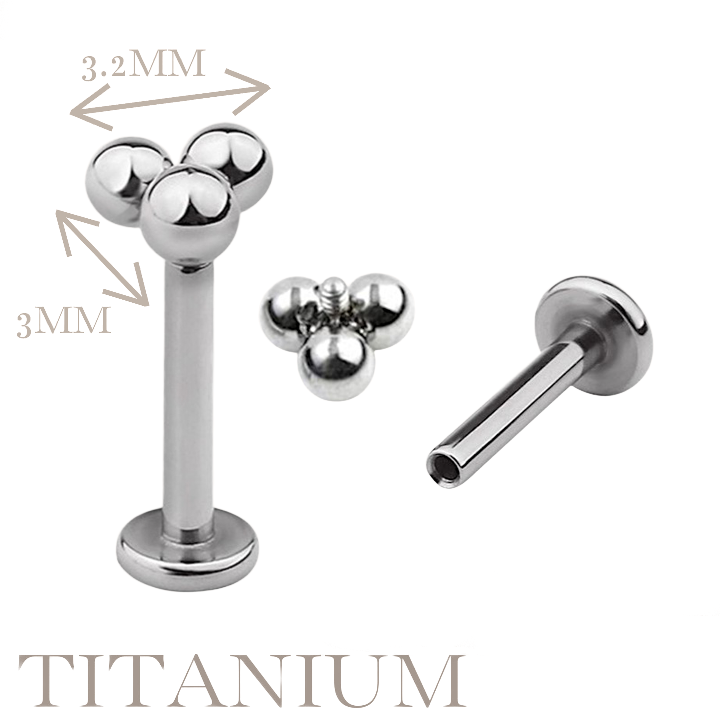 Implant Grade ASTM F136 Titanium 3 Balls Internaly Threaded Labret