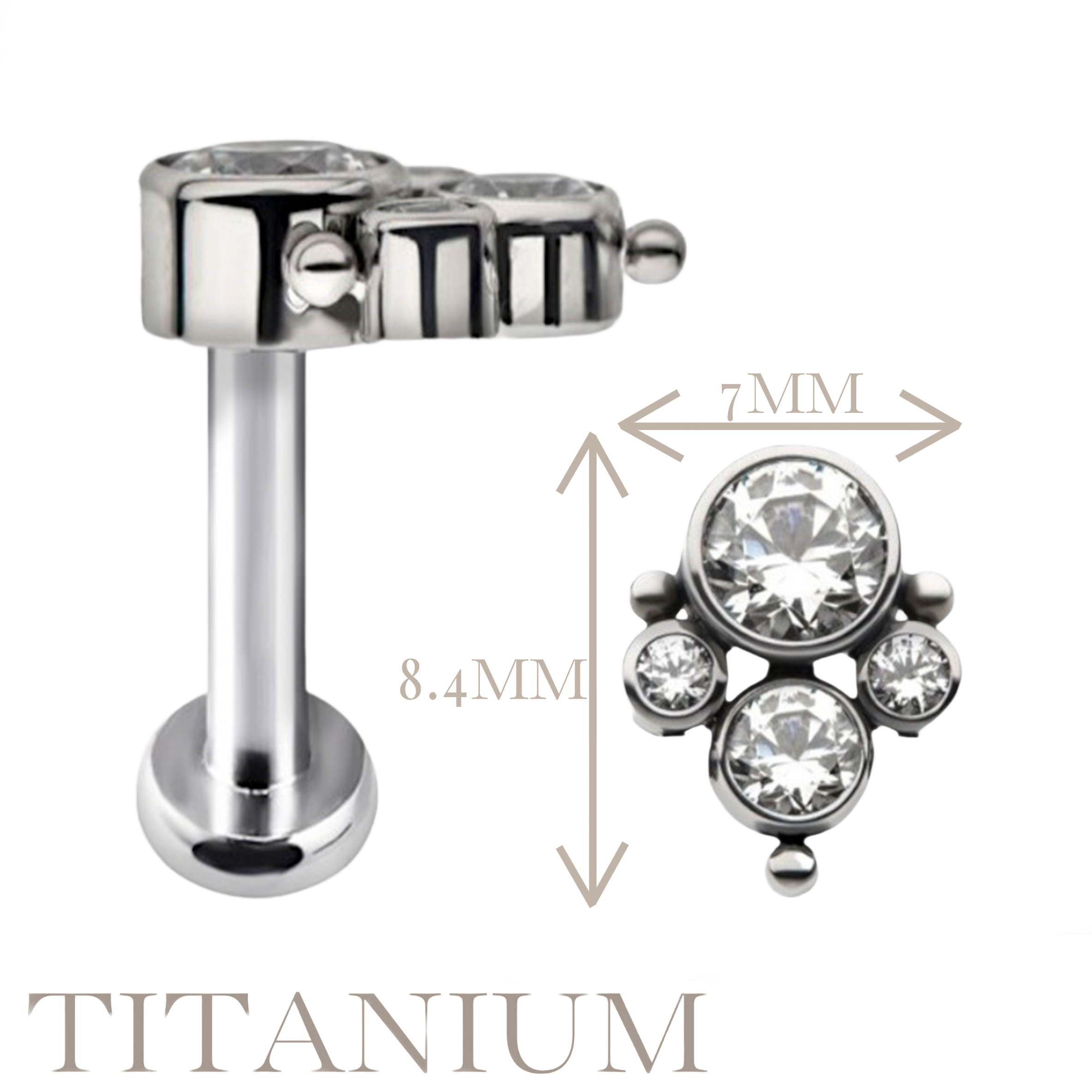Implant Grade ASTM F136 Titanium 4 CZ Blaze With 3 Balls Internaly Threaded Labret