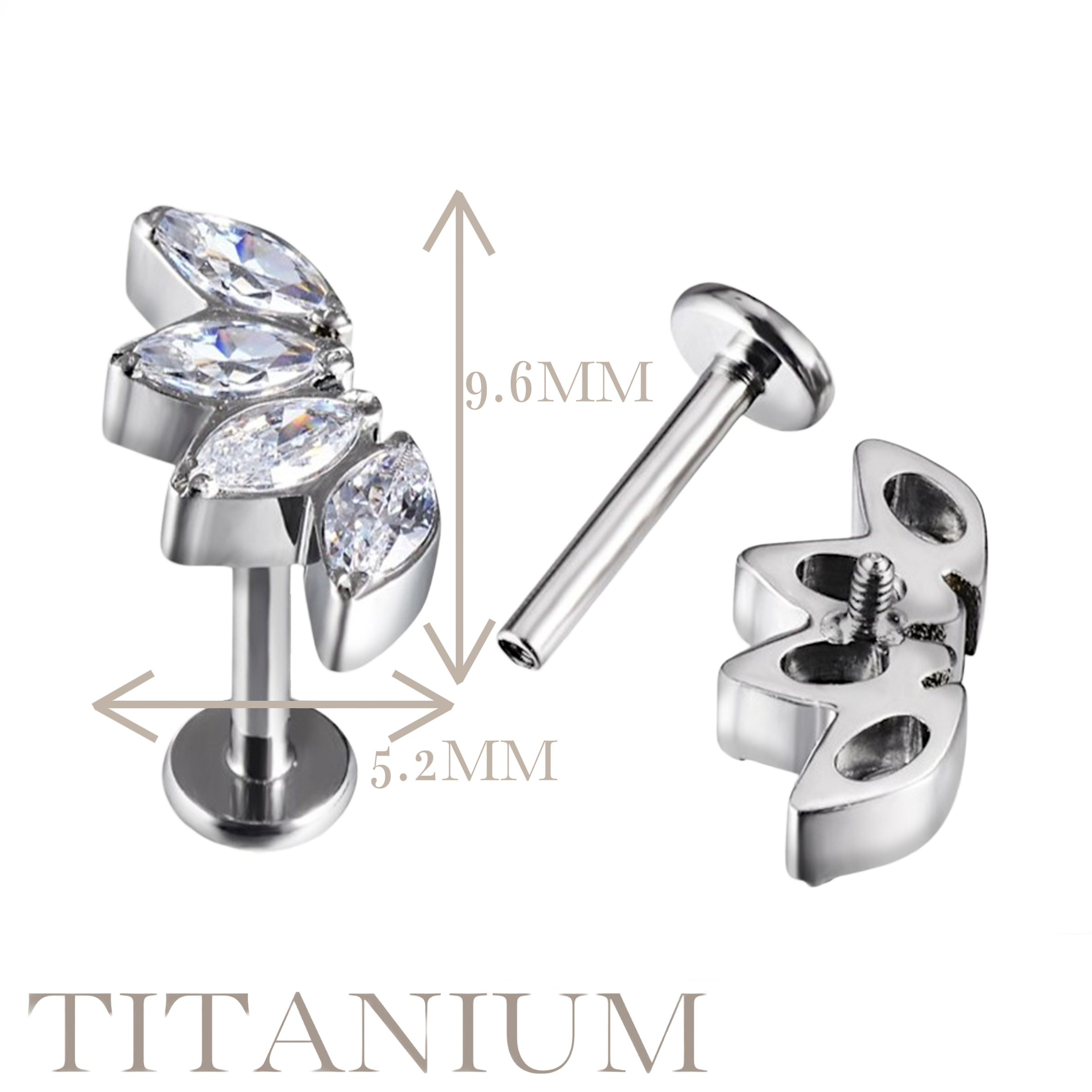 Implant Grade ASTM F136 Titanium 4 Marquise CZ Curve Internaly Threaded Labret