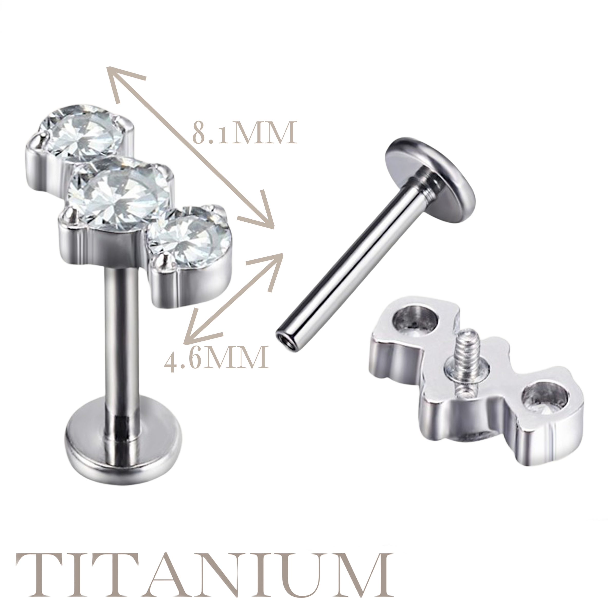 Implant Grade ASTM F136 Titanium 3 CZ Blaze Set Curve Internaly Threaded Labret