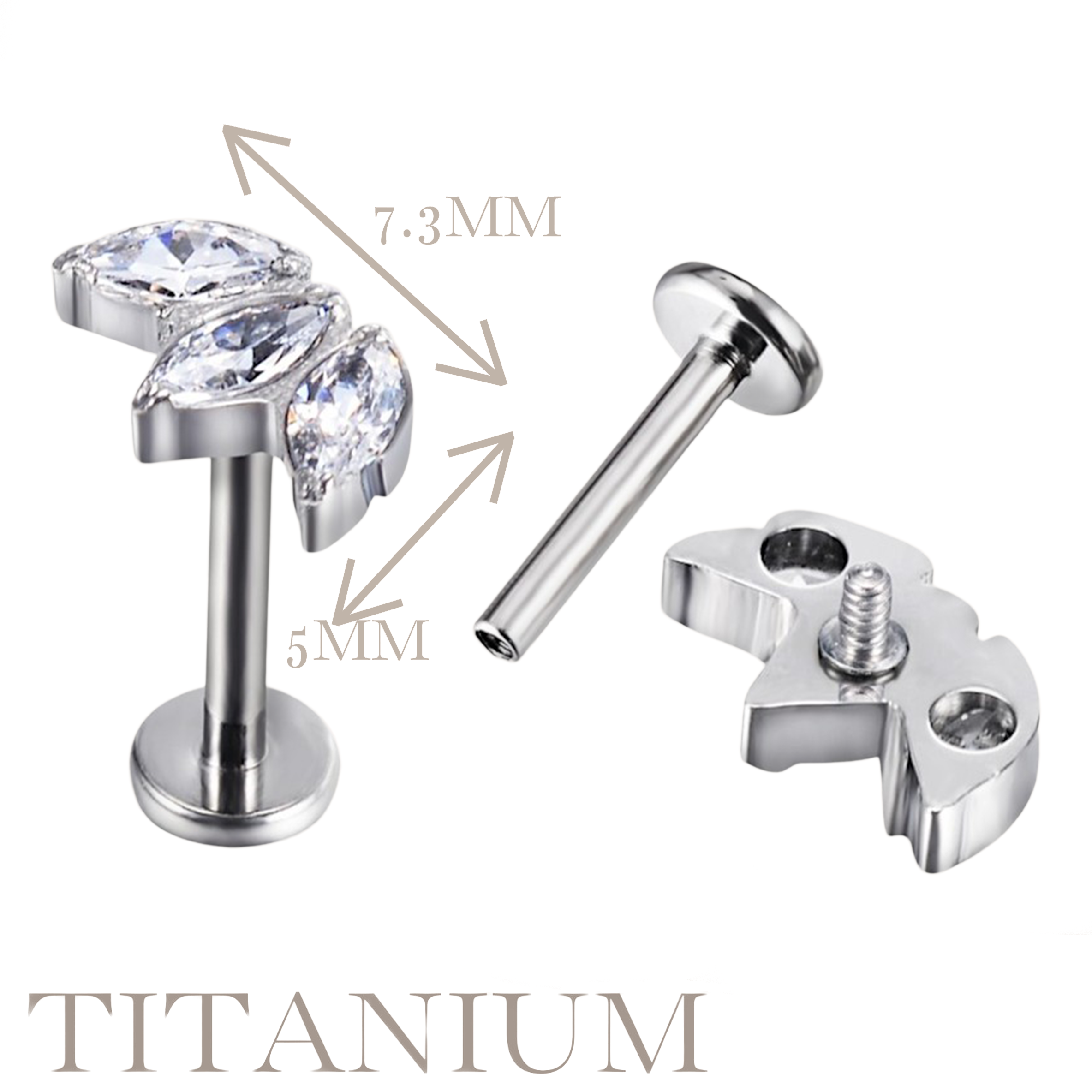 Implant Grade ASTM F136 Titanium 3 Marquise CZ Curve Internaly Threaded Labret