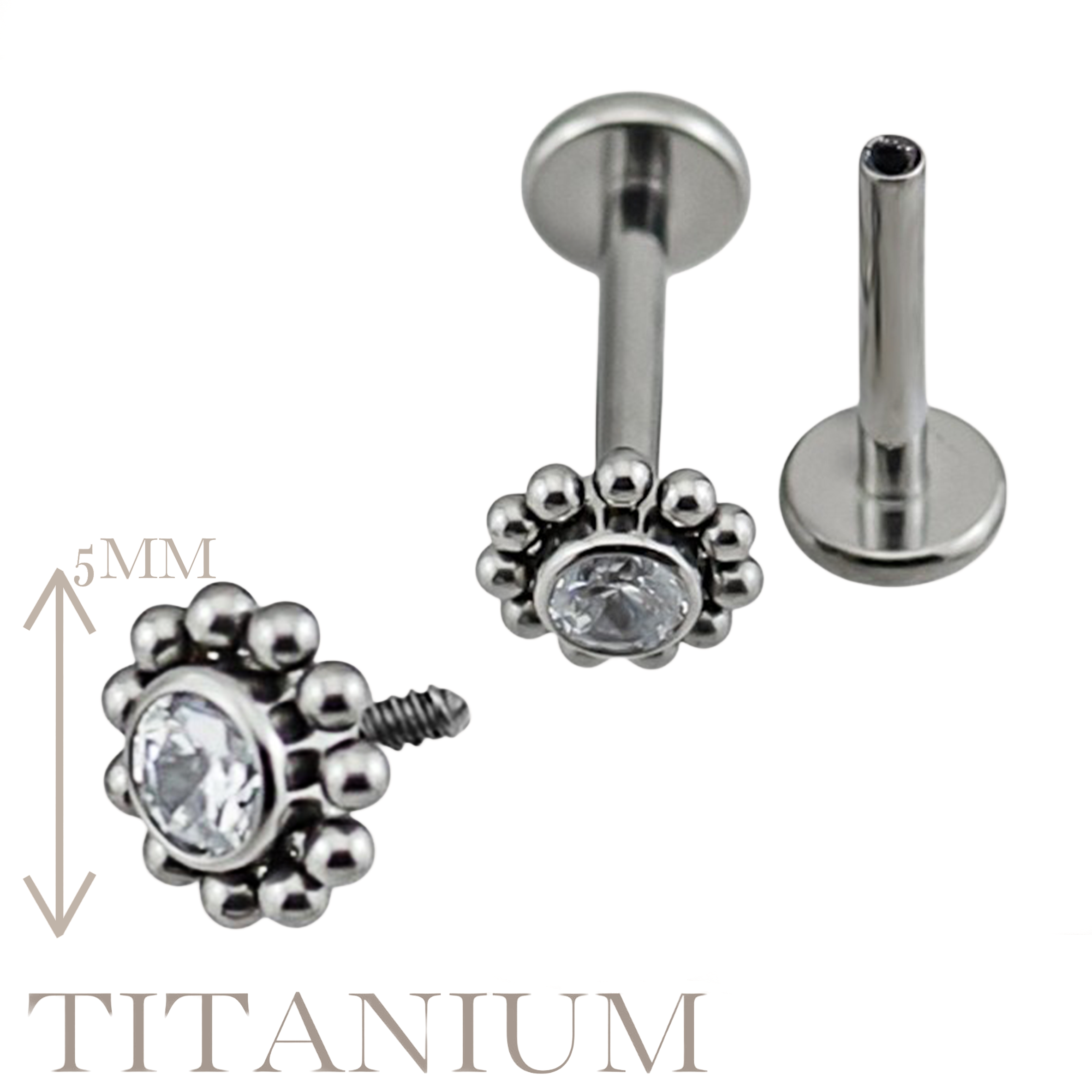 Implant Grade ASTM F136 Titanium CZ With Cluster Ball Surrounding Internaly Threaded Labret