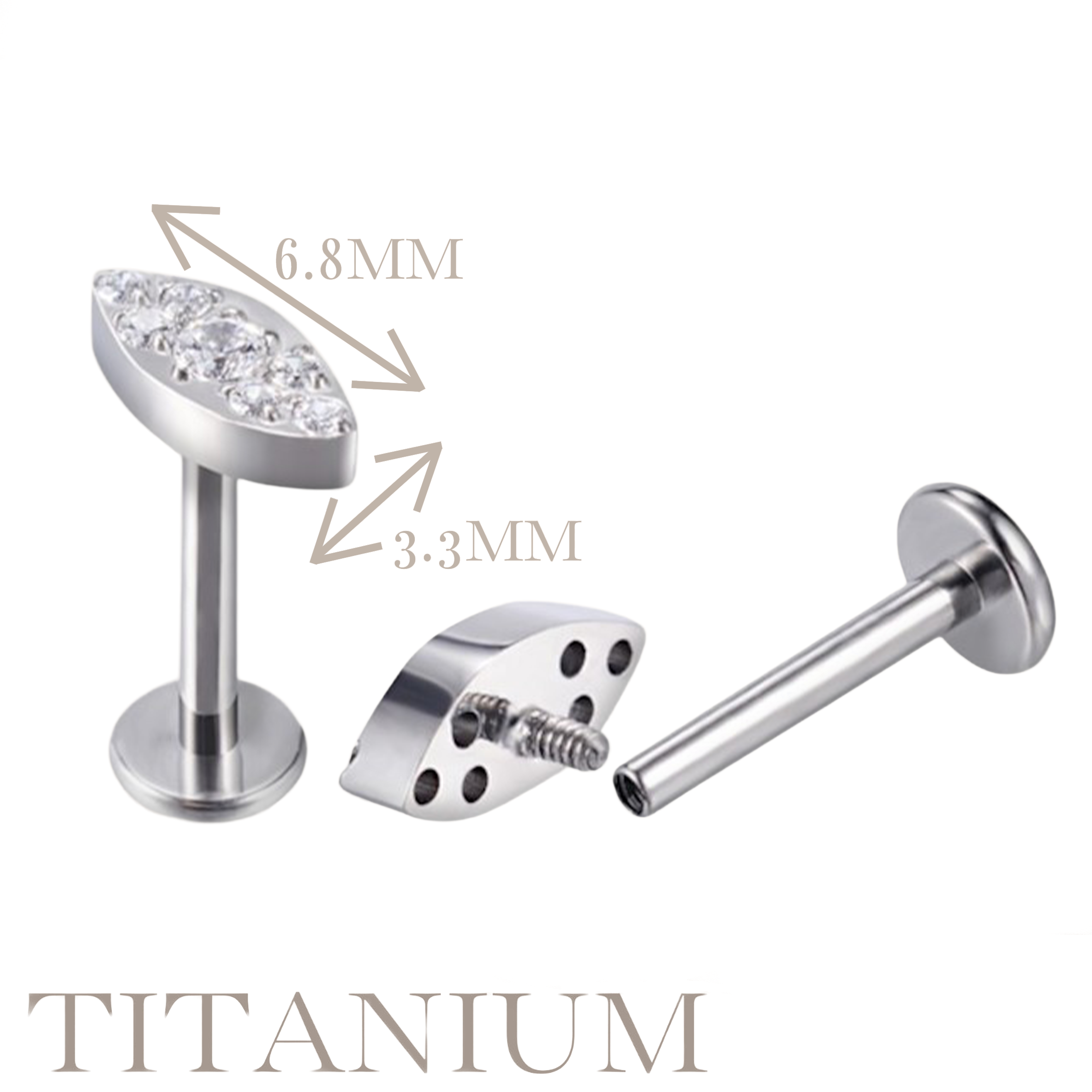 Implant Grade ASTM F136 Titanium CZ Paved Oval Internaly Threaded Labret