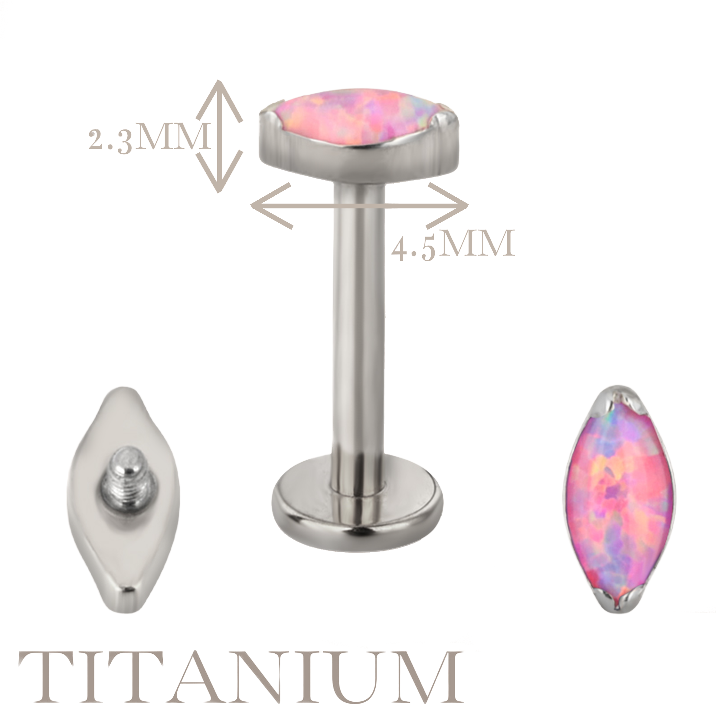 Implant Grade ASTM F136 Titanium Marquise Oval Opal Stone Internaly Threaded Labret