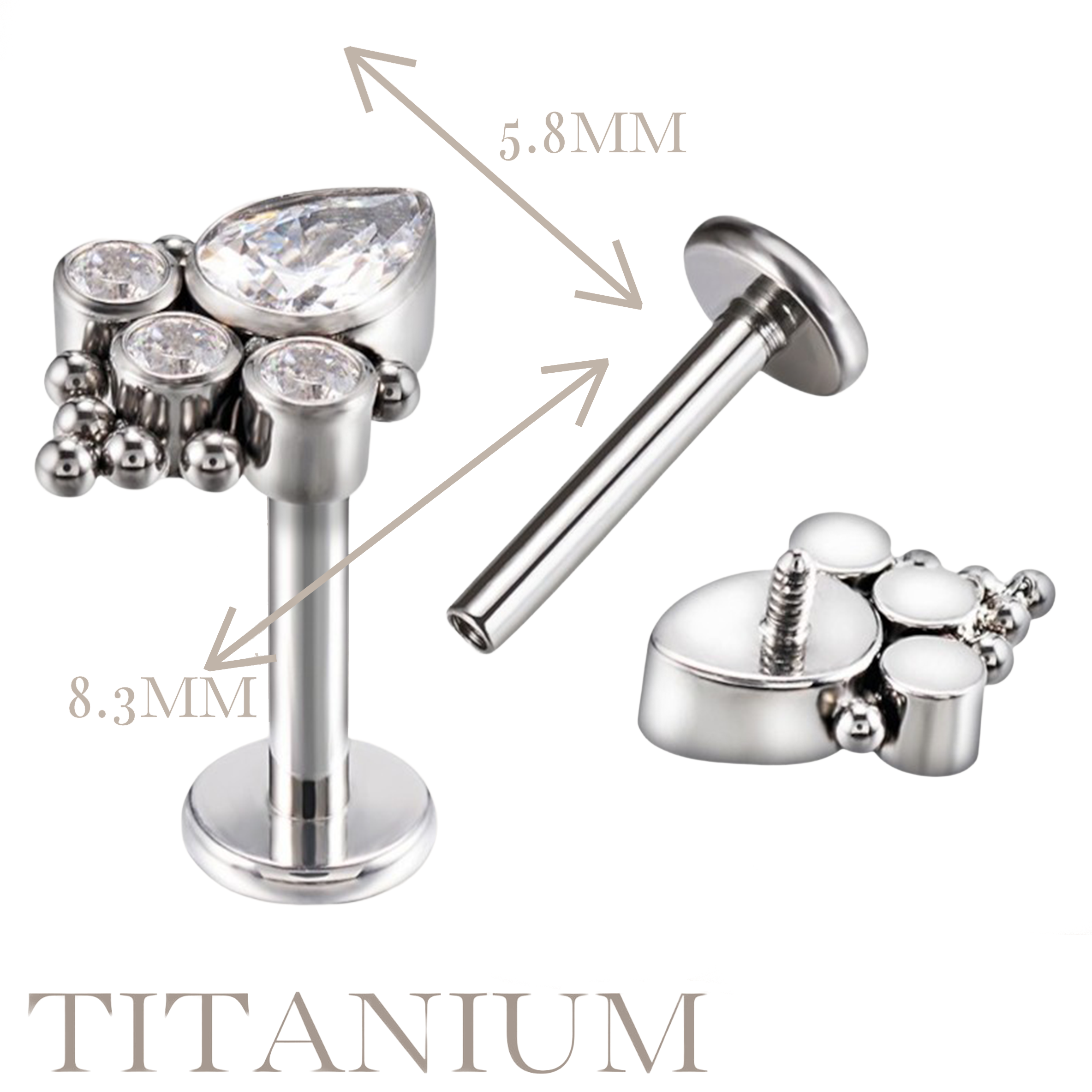 Implant Grade ASTM F136 Titanium Teardrop And 3 Round CZ Clustered Balls Internaly Threaded Labret