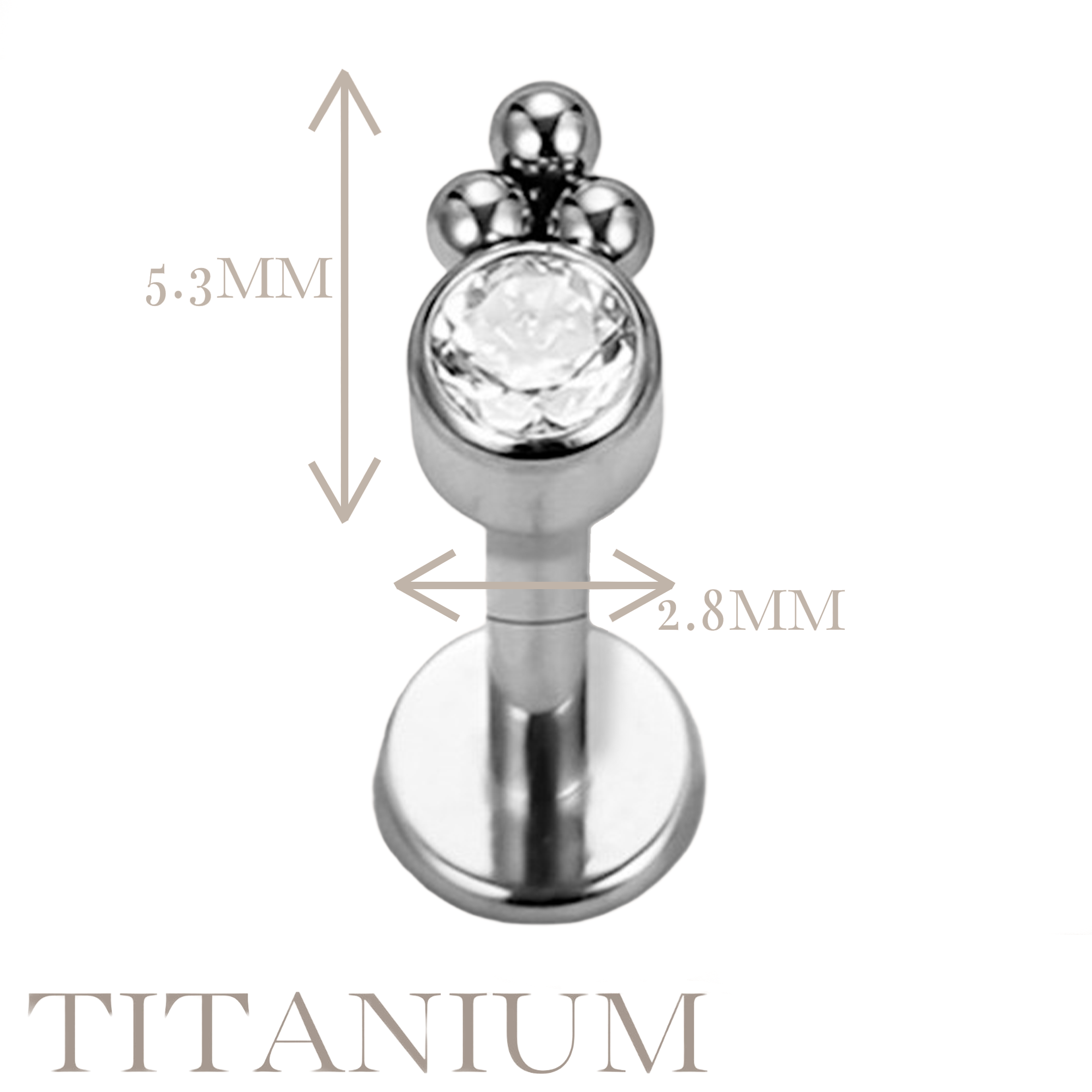 Implant Grade ASTM F136 Titanium CZ With 3 Balls Cluster Internaly Threaded Labret