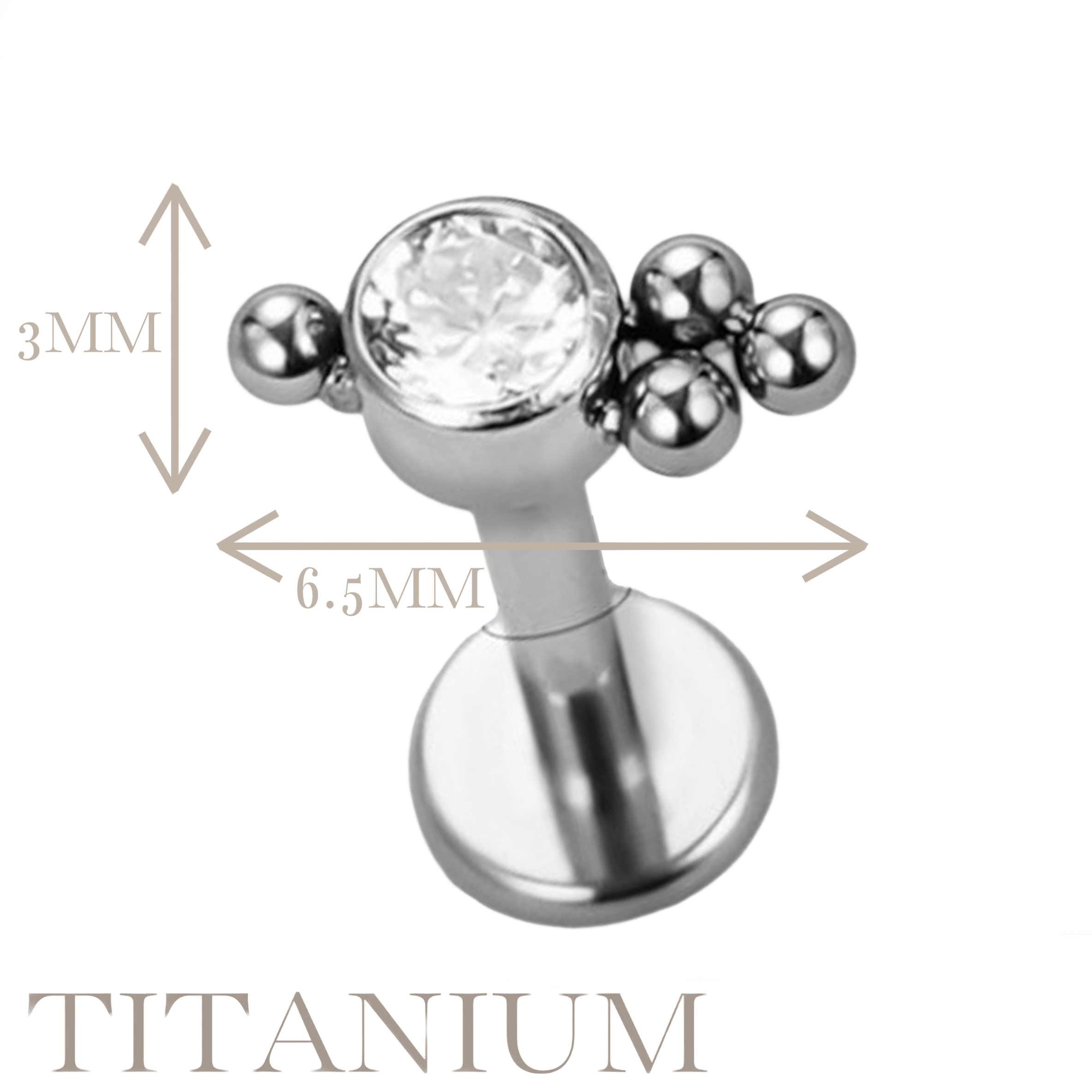Implant Grade ASTM F136 Titanium CZ With 3 Balls Cluster And 1 Ball On Top Internaly Threaded Labret