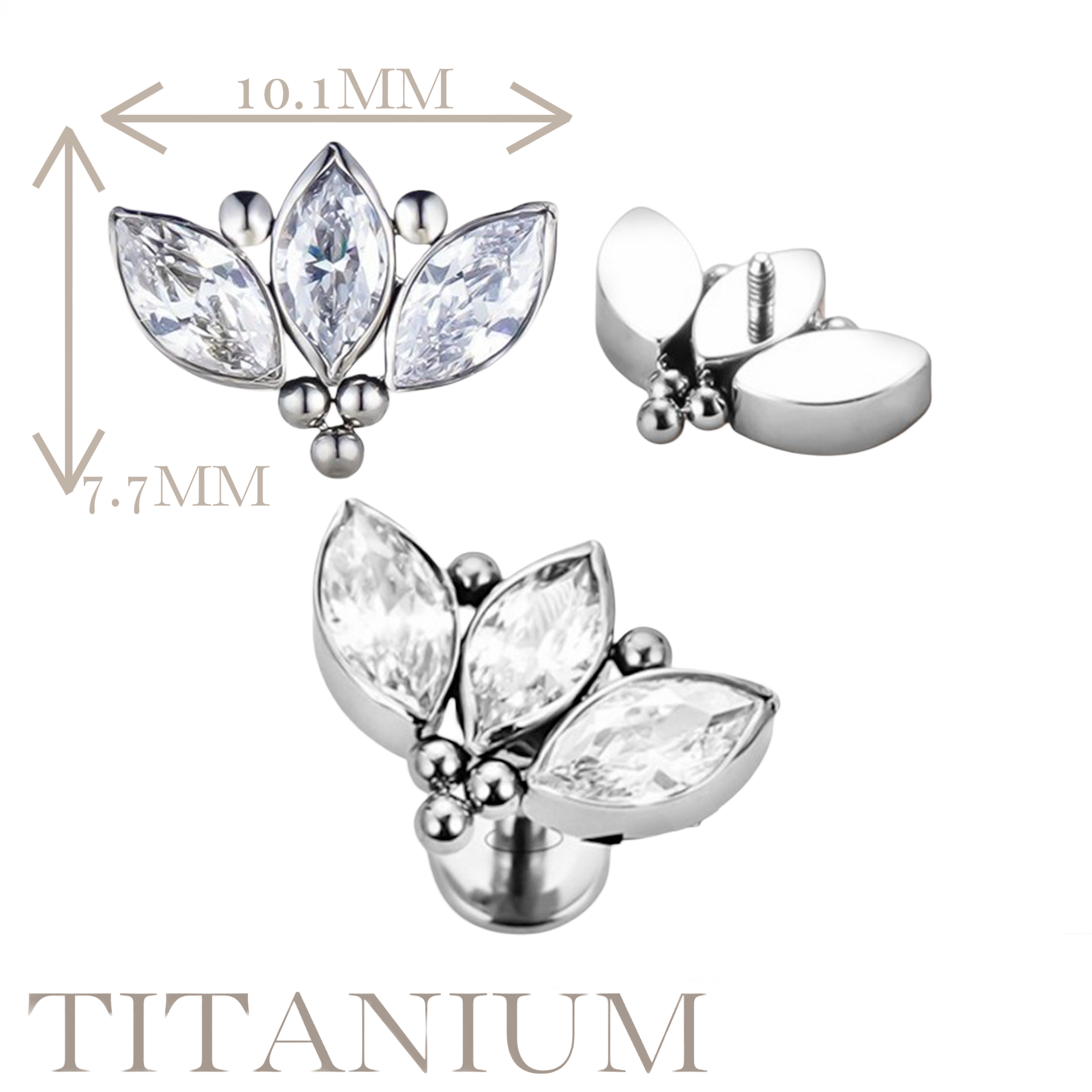 Implant Grade ASTM F136 Titanium Marquise CZ With 3 Balls Cluster Internaly Threaded Labret