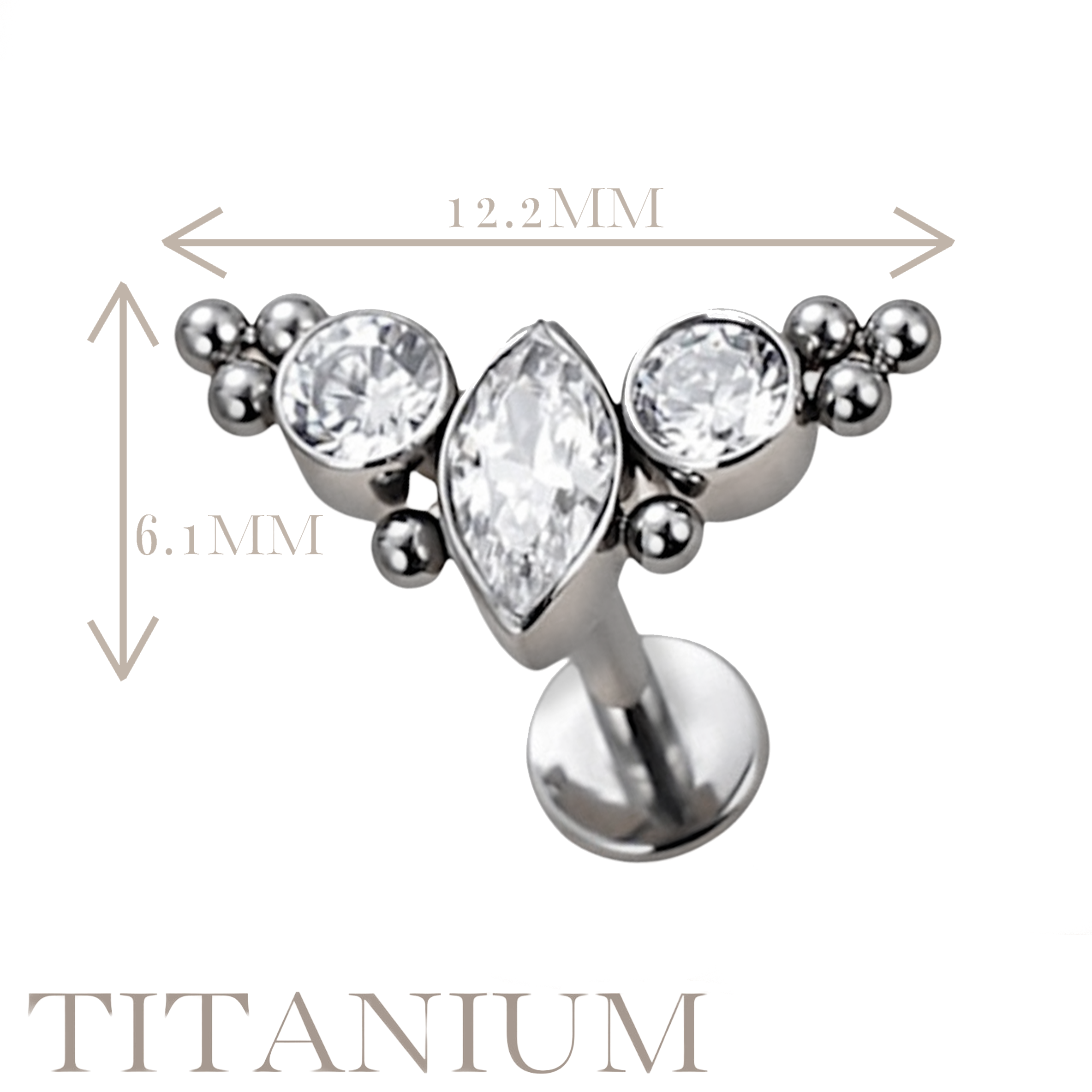 Implant Grade ASTM F136 Titanium Marquise CZ With Balls Cluster Internaly Threaded Labret