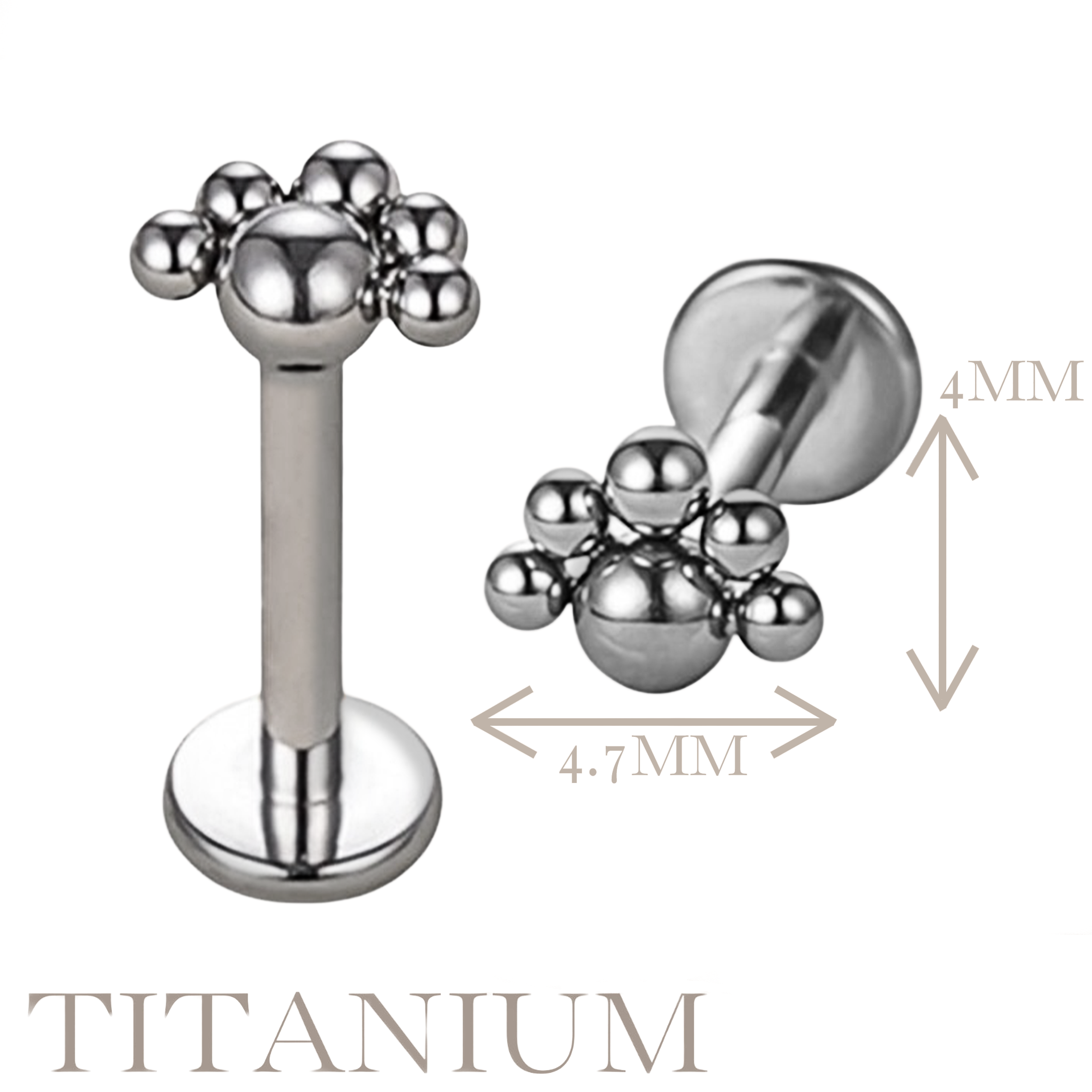 Implant Grade ASTM F136 Titanium 5 Bead Cluster Internaly Threaded Labret