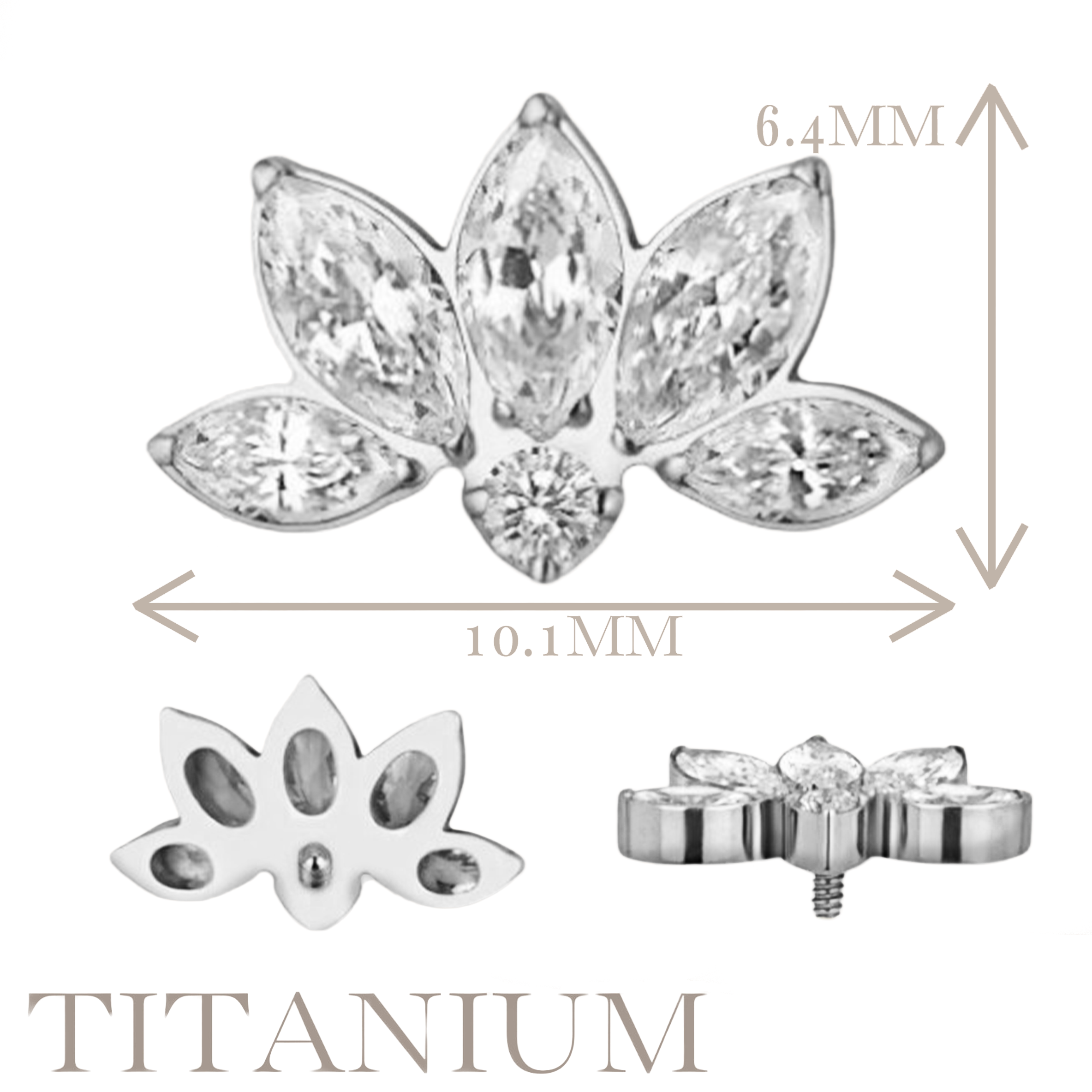 Implant Grade ASTM F136 Titanium 4 Marquise CZ With Round CZ Center Internaly Threaded Labret