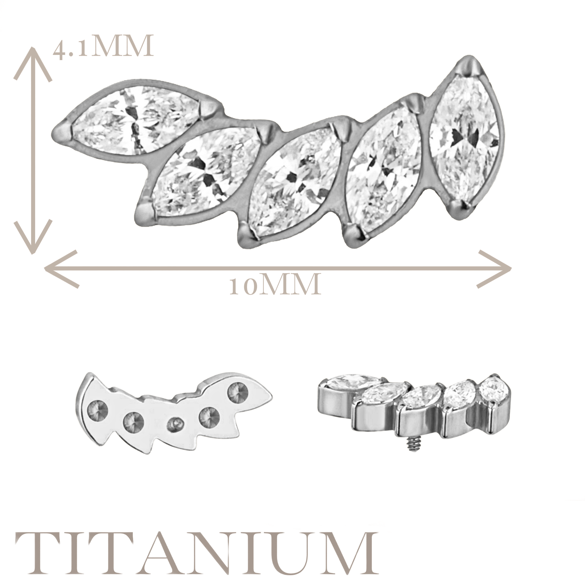 Implant Grade ASTM F136 Titanium 5 Marquise Prong Set Curved Fan Internaly Threaded Labret