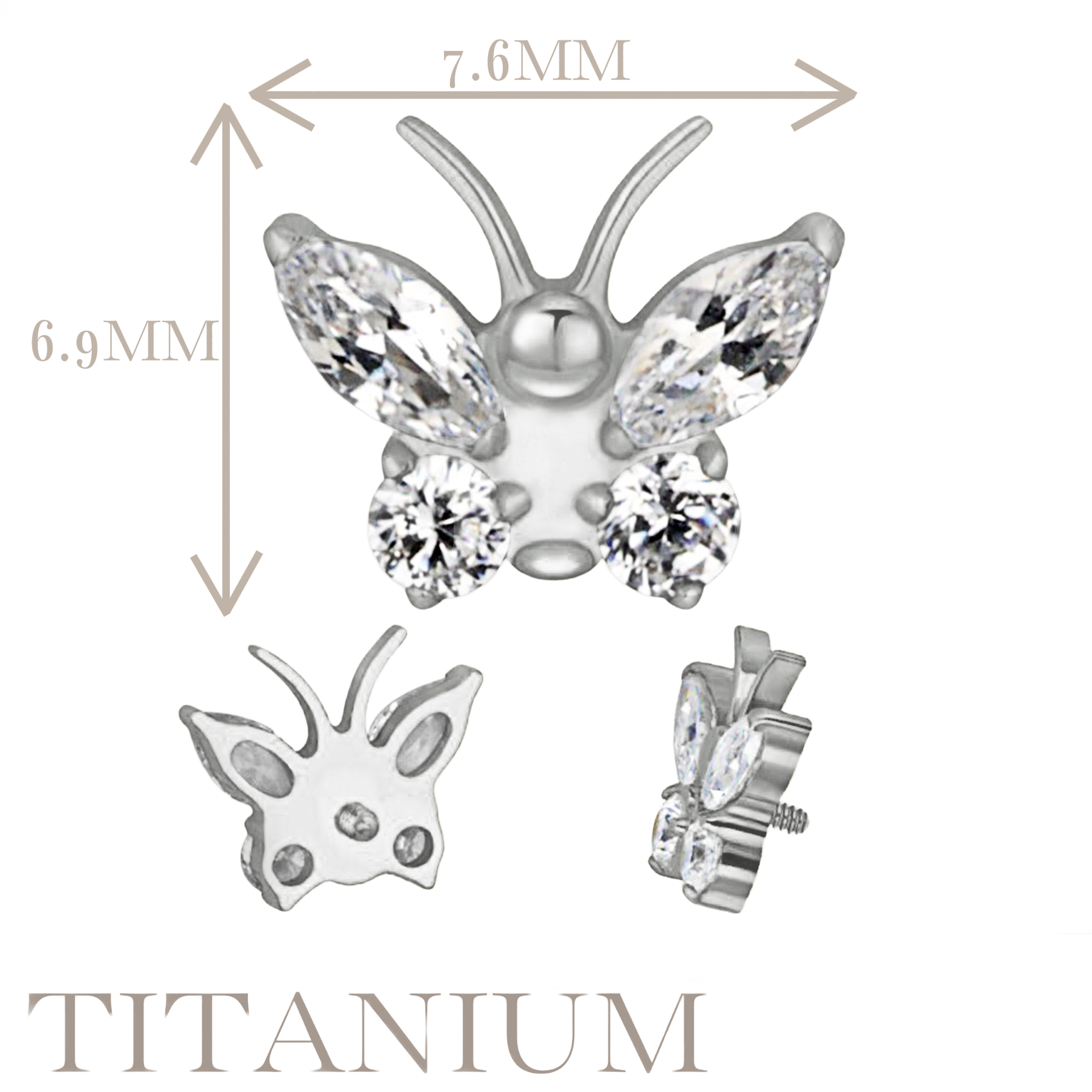 Implant Grade ASTM F136 Titanium CZ Butterfly Internaly Threaded Labret