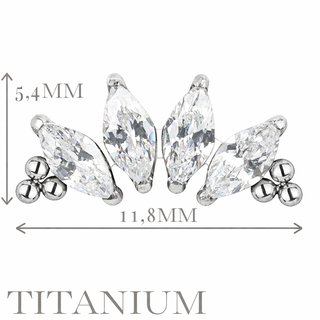 Implant Grade ASTM F136 Titanium 4 Prong Set Marquise CZ With Tri-Beard Balls Internaly Threaded Labret