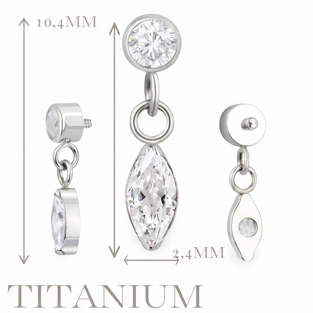 Implant Grade ASTM F136 Titanium Bezet CZ Dangle Chain Marquise CZ Internaly Threaded Labret
