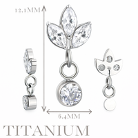Implant Grade ASTM F136 Titanium 3 Marquise CZ Dangle Chain Round CZ Internaly Threaded Labret