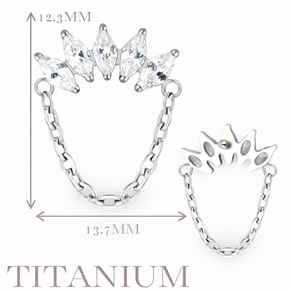 Implant Grade ASTM F136 Titanium 5 Marquise CZ Dangle Chain Internaly Threaded Labret
