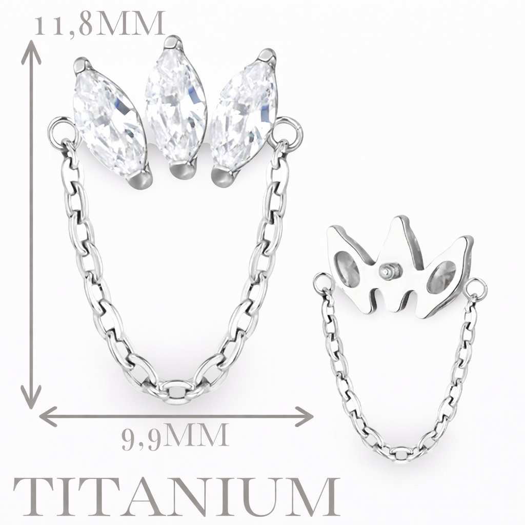 Implant Grade ASTM F136 Titanium 3 Marquise CZ Dangle Chain Internaly Threaded Labret