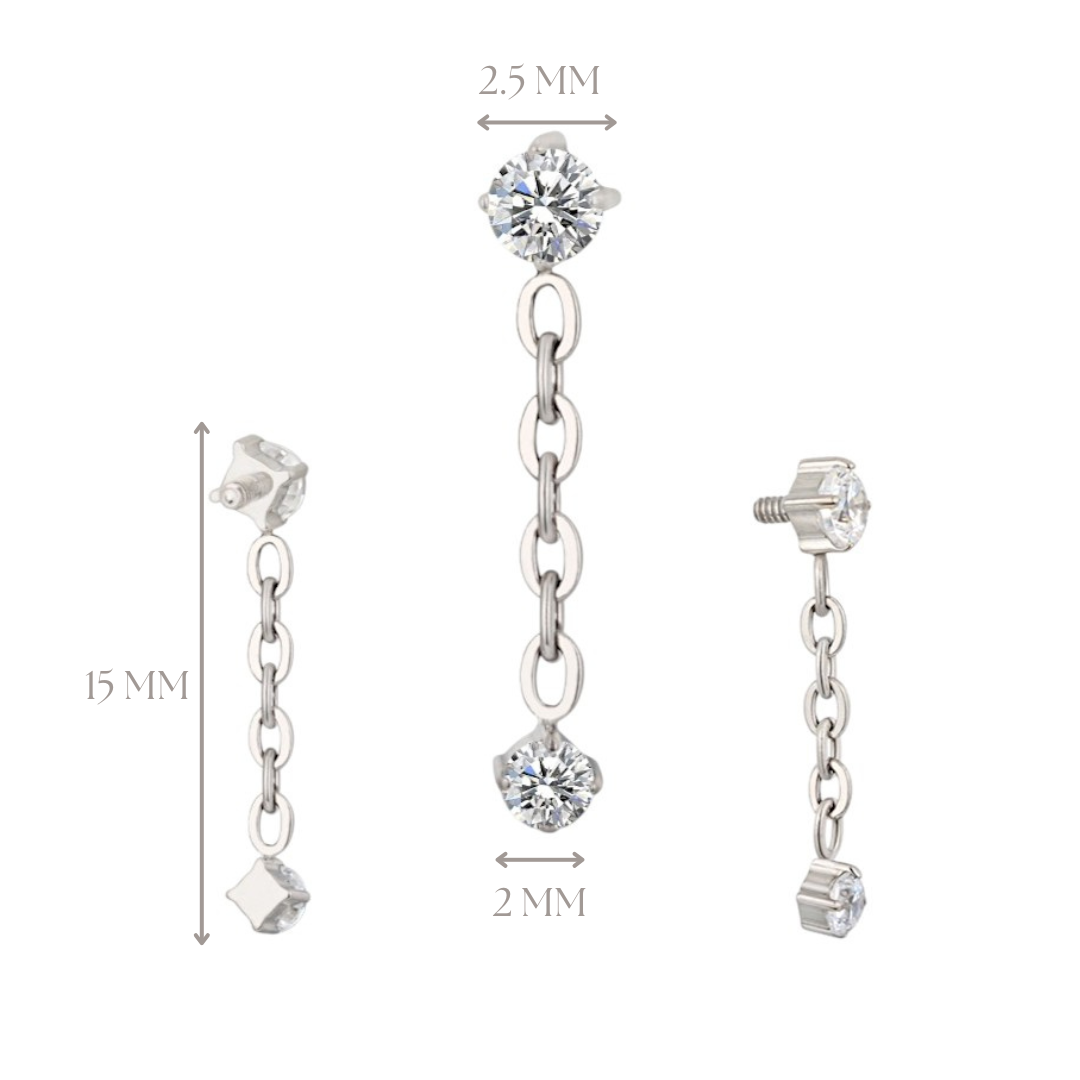 Implant Grade ASTM F136 Titanium Bezel CZ With Chain Dangle CZ Internaly Threaded Labret