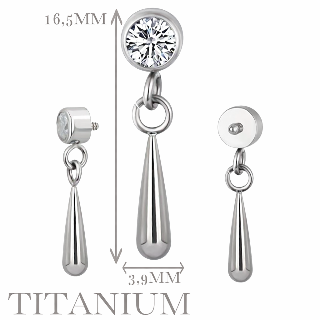 Implant Grade ASTM F136 Titanium Bezel CZ Tear Drop Dangle Internaly Threaded Labret