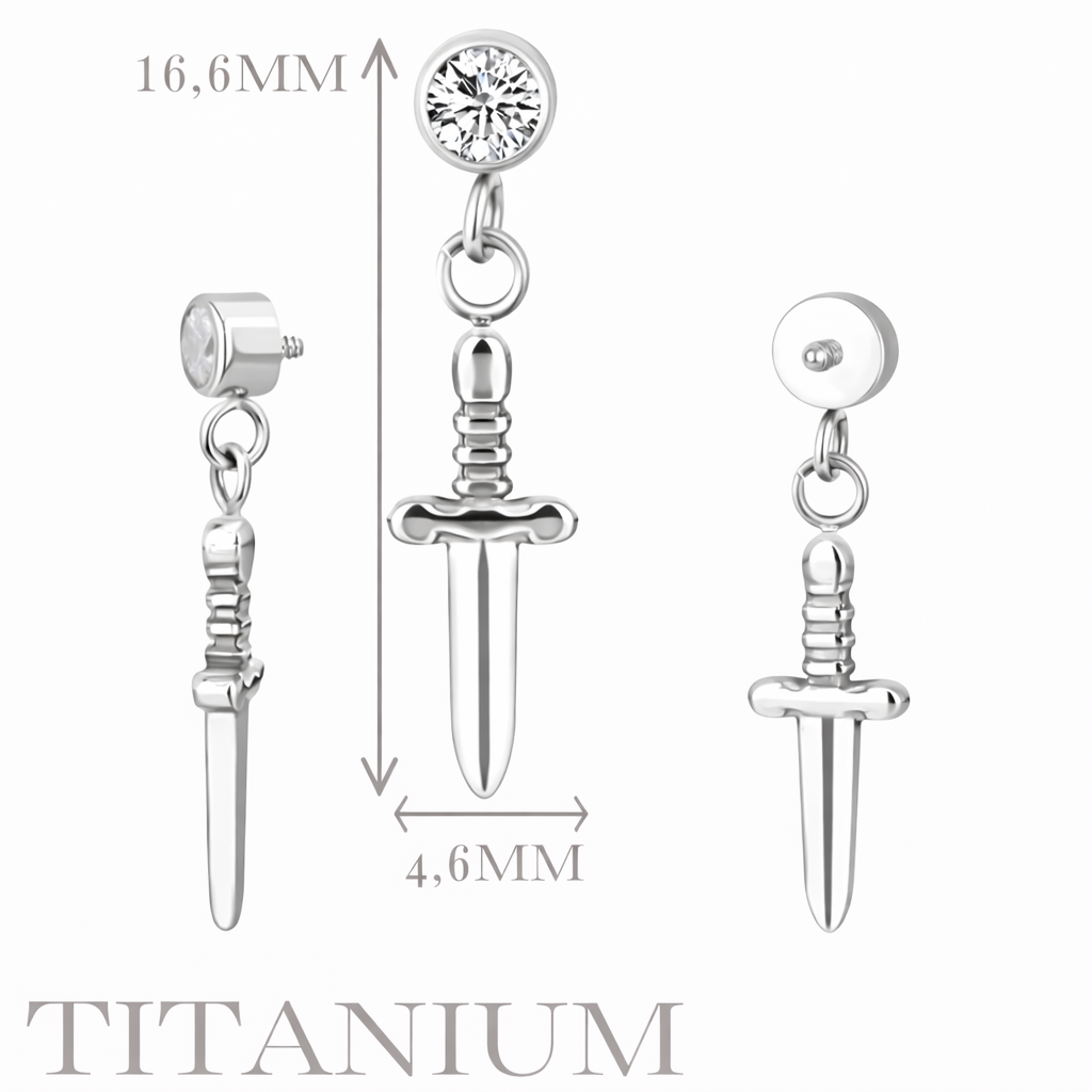 Implant Grade ASTM F136 Titanium Bezel Set CZ With Dangle Sword Internaly Threaded Labret
