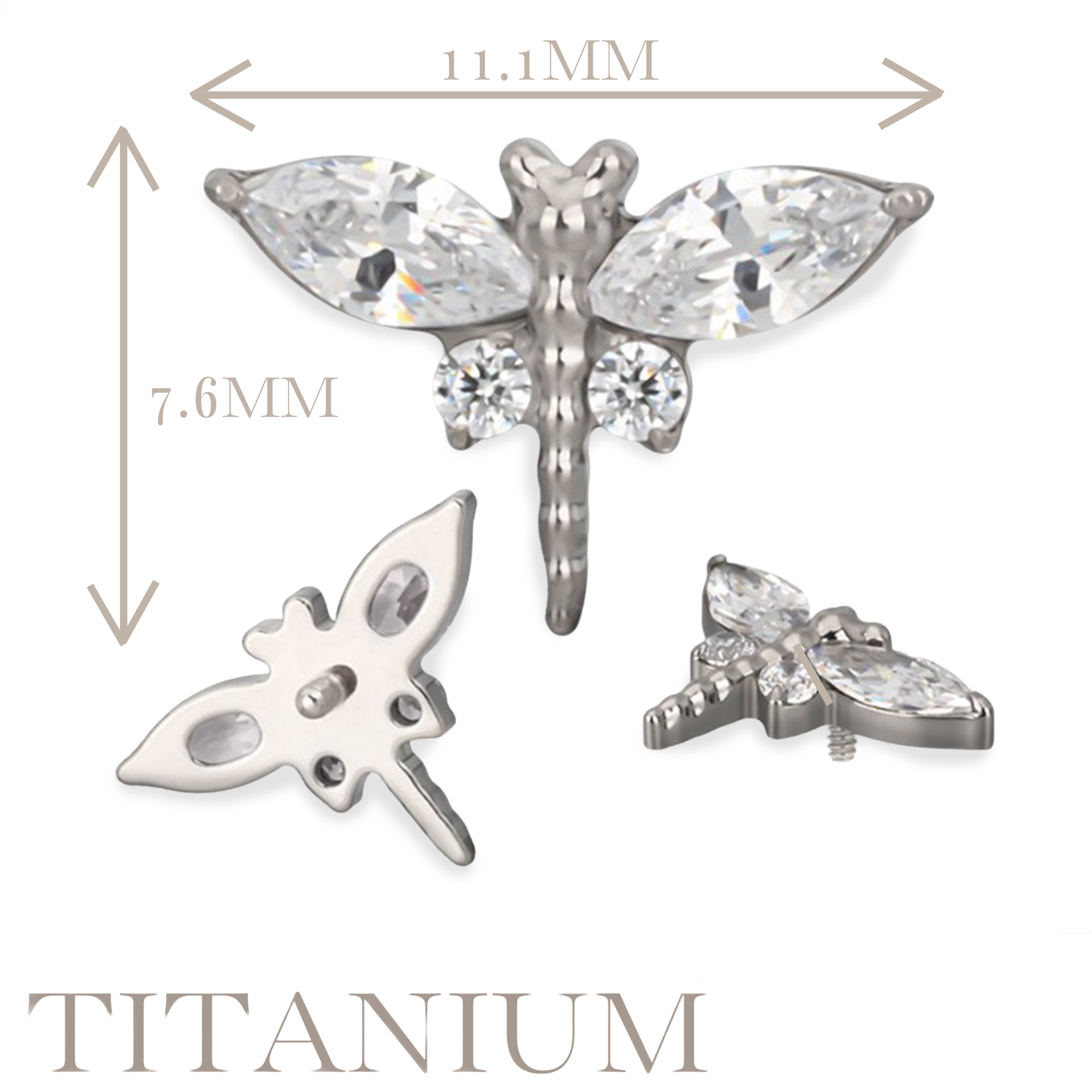 Implant Grade ASTM F136 Titanium CZ Dragonfly Internaly Threaded Labret