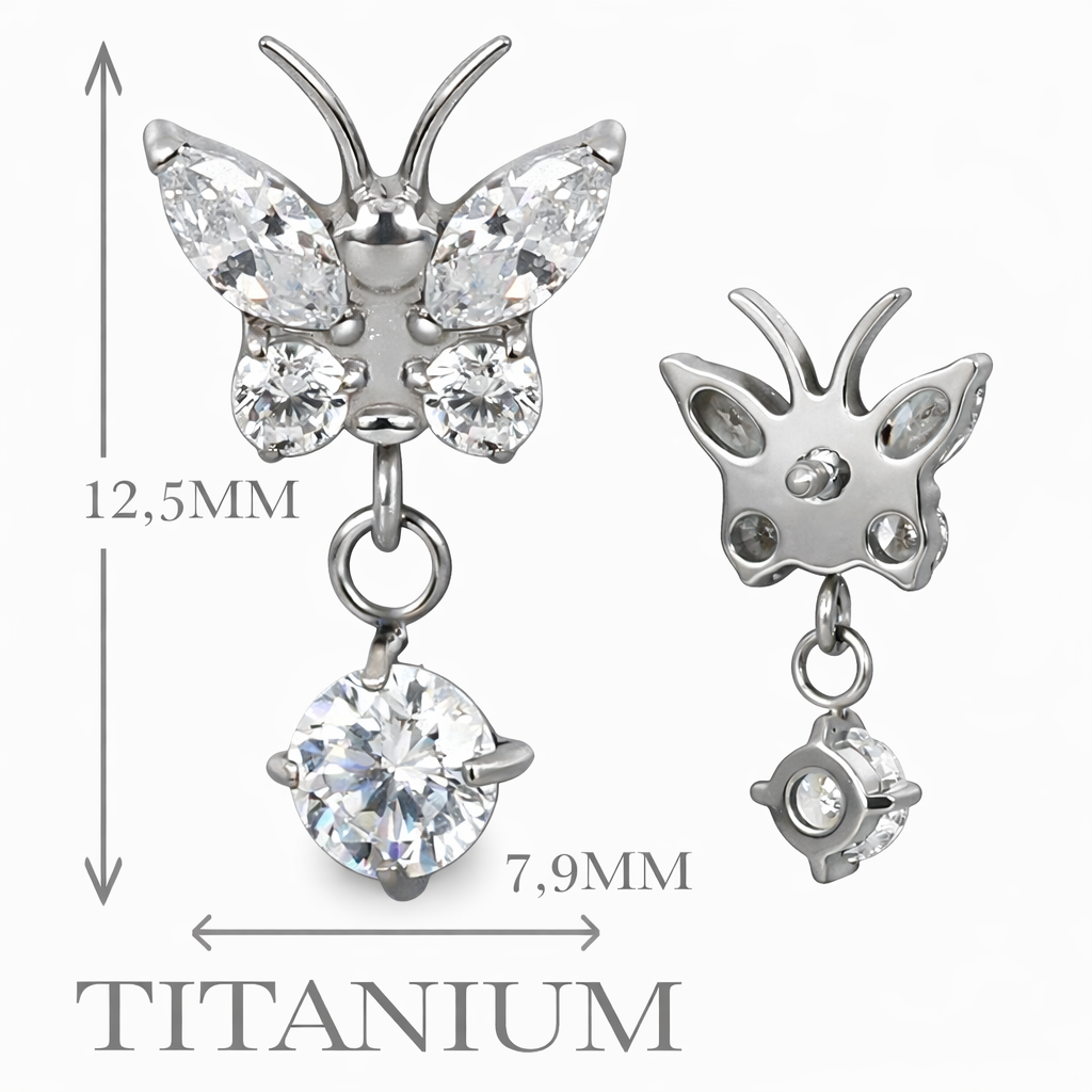 Implant Grade ASTM F136 Titanium Butterfly With Pong Set CZ Dangle Internaly Threaded Labret