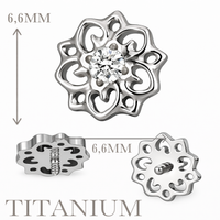 Implant Grade ASTM F136 Titanium Small Hollow Swirl Flower CZ Center Internaly Threaded Labret