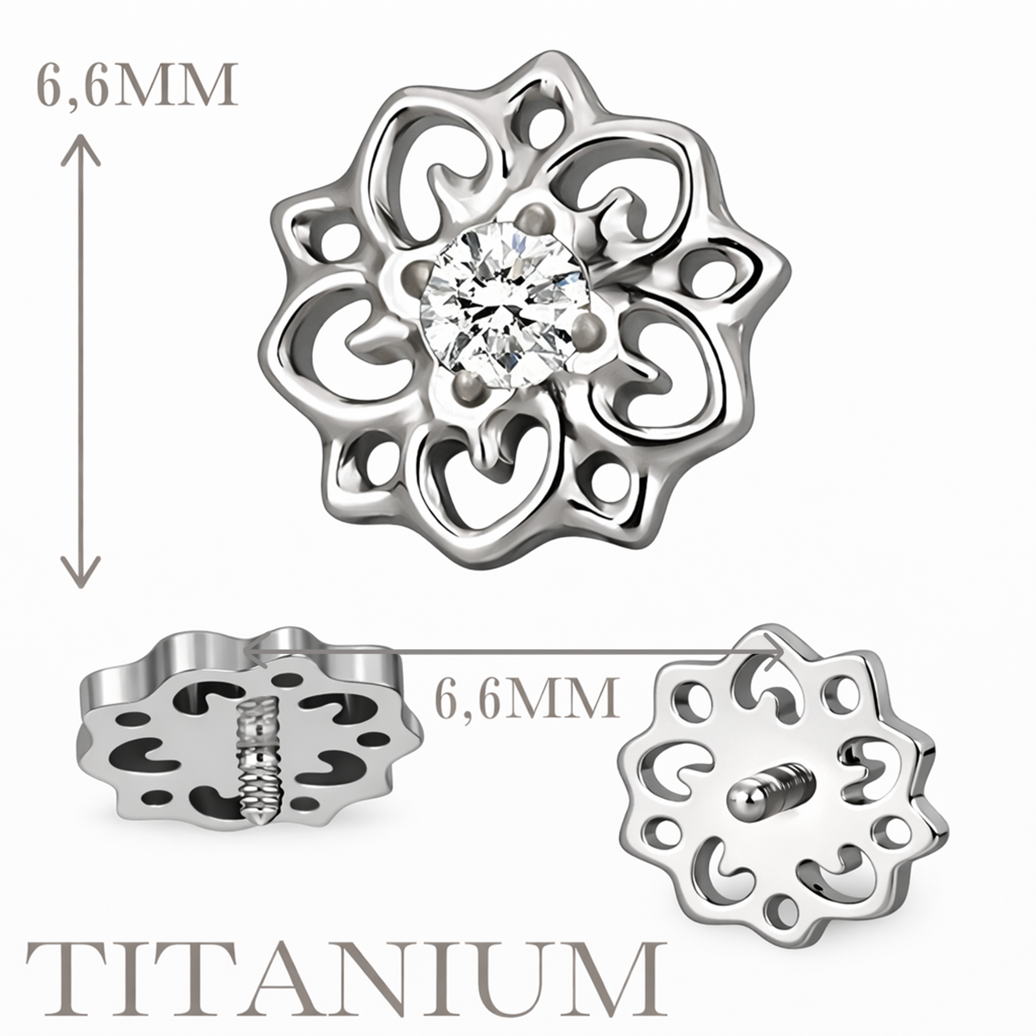 Implant Grade ASTM F136 Titanium Small Hollow Swirl Flower CZ Center Internaly Threaded Labret