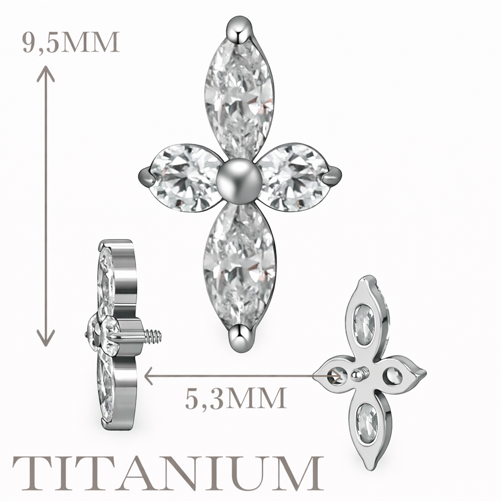 Implant Grade ASTM F136 Titanium 2 Marquise CZ 2 Round CZ Internaly Threaded Labret
