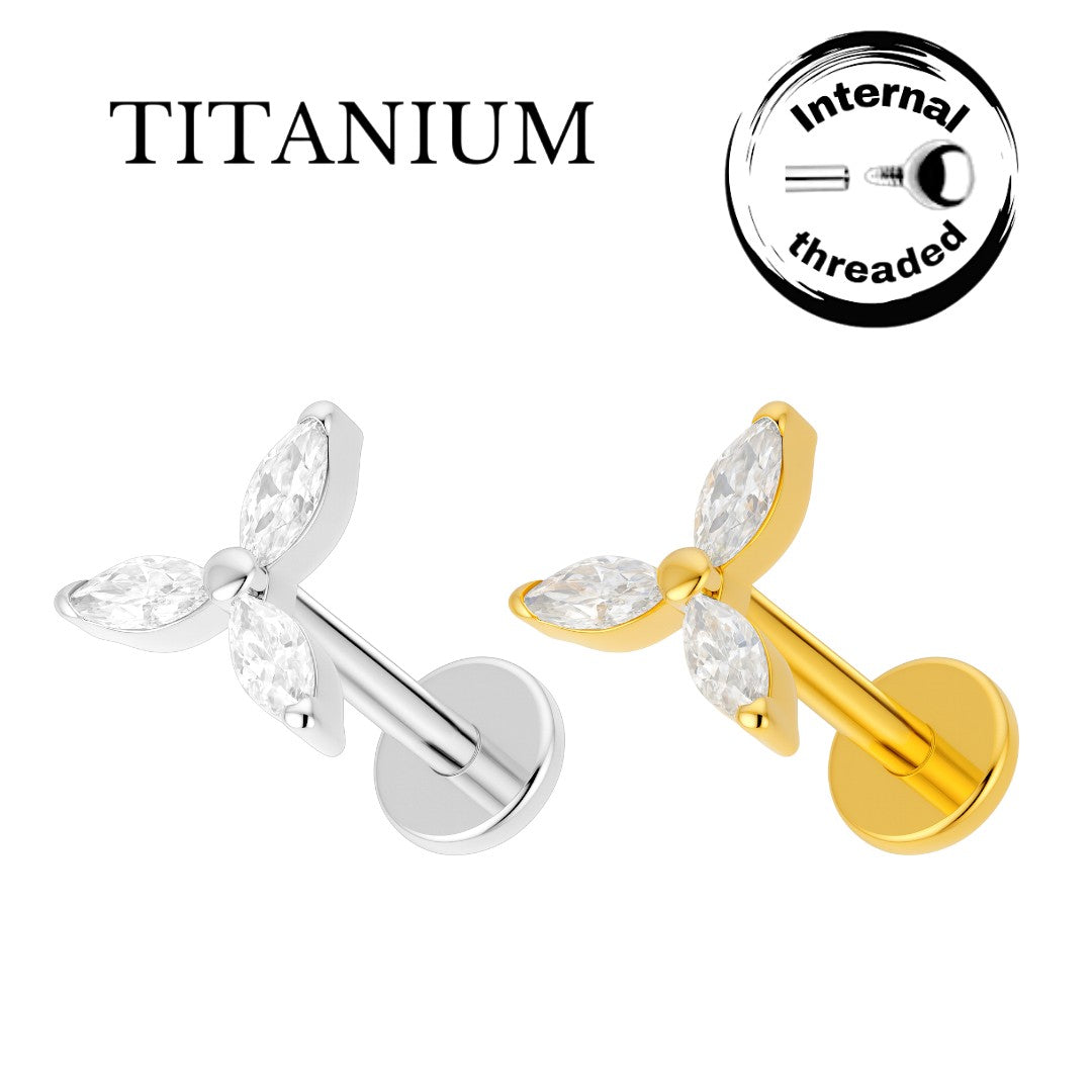 Implant Grade ASTM F136 Titanium Internaly Threaded Tripple CZ Flower Labret