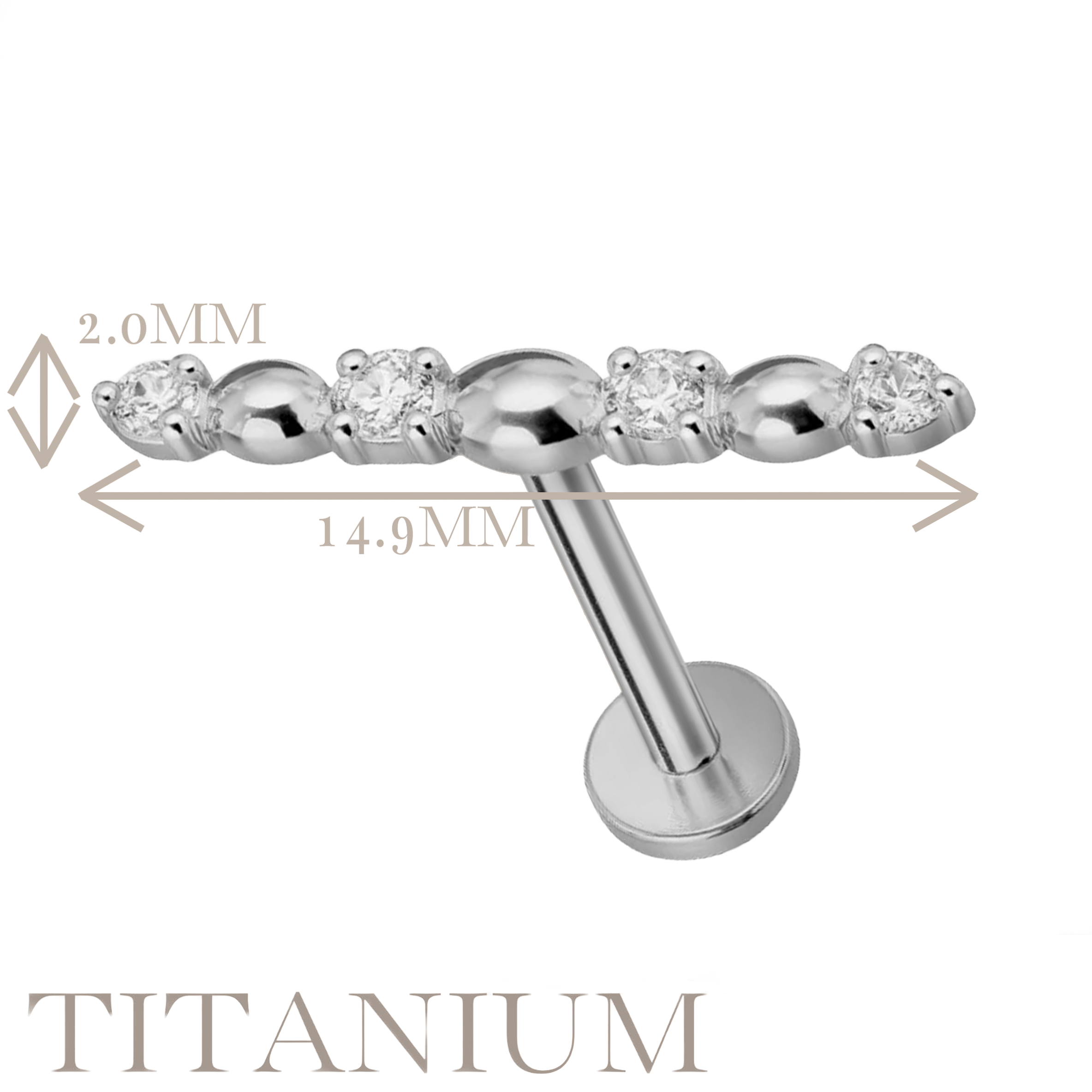 Implant Grade ASTM F136 Titanium Internaly Threaded 4 CZ Bar Labret